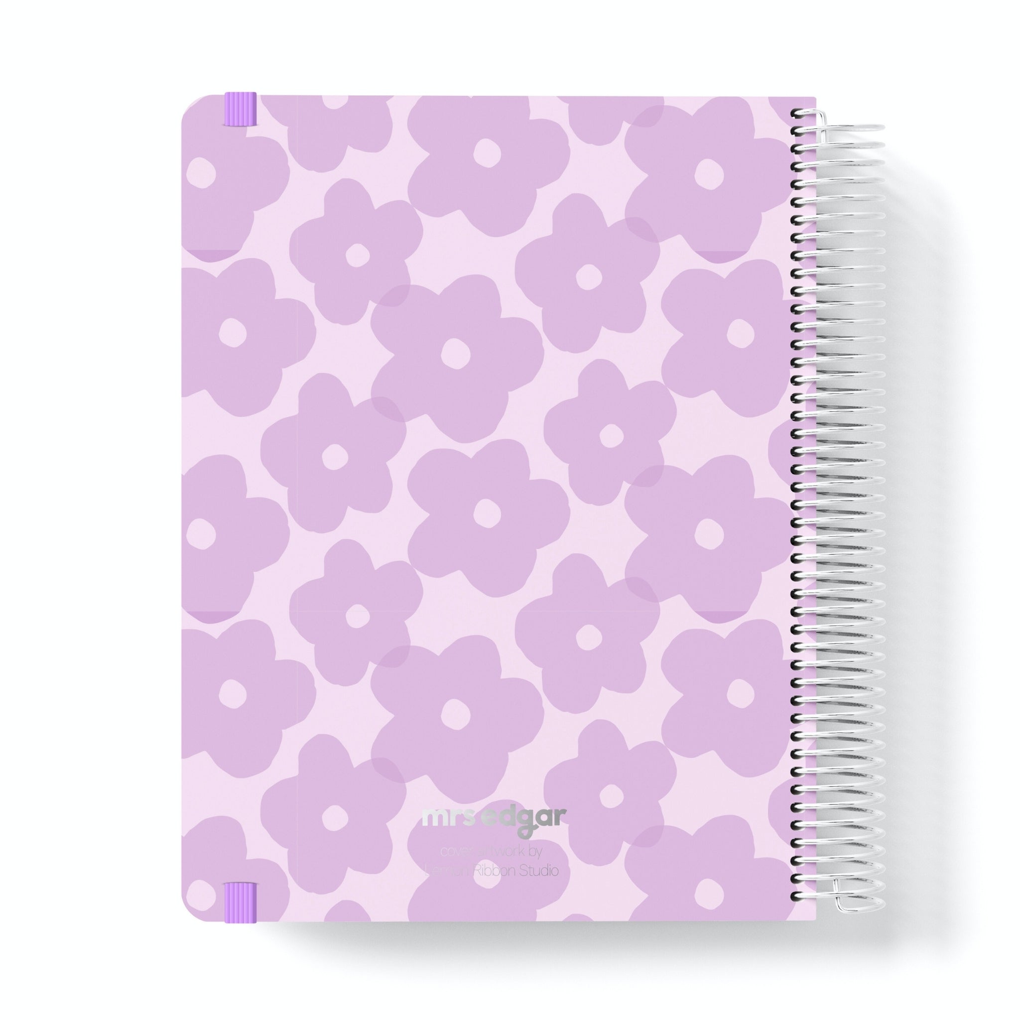 2026 Teacher Planner with lilac floral pattern on a white background with 'mrs edgar' silver foiled text.