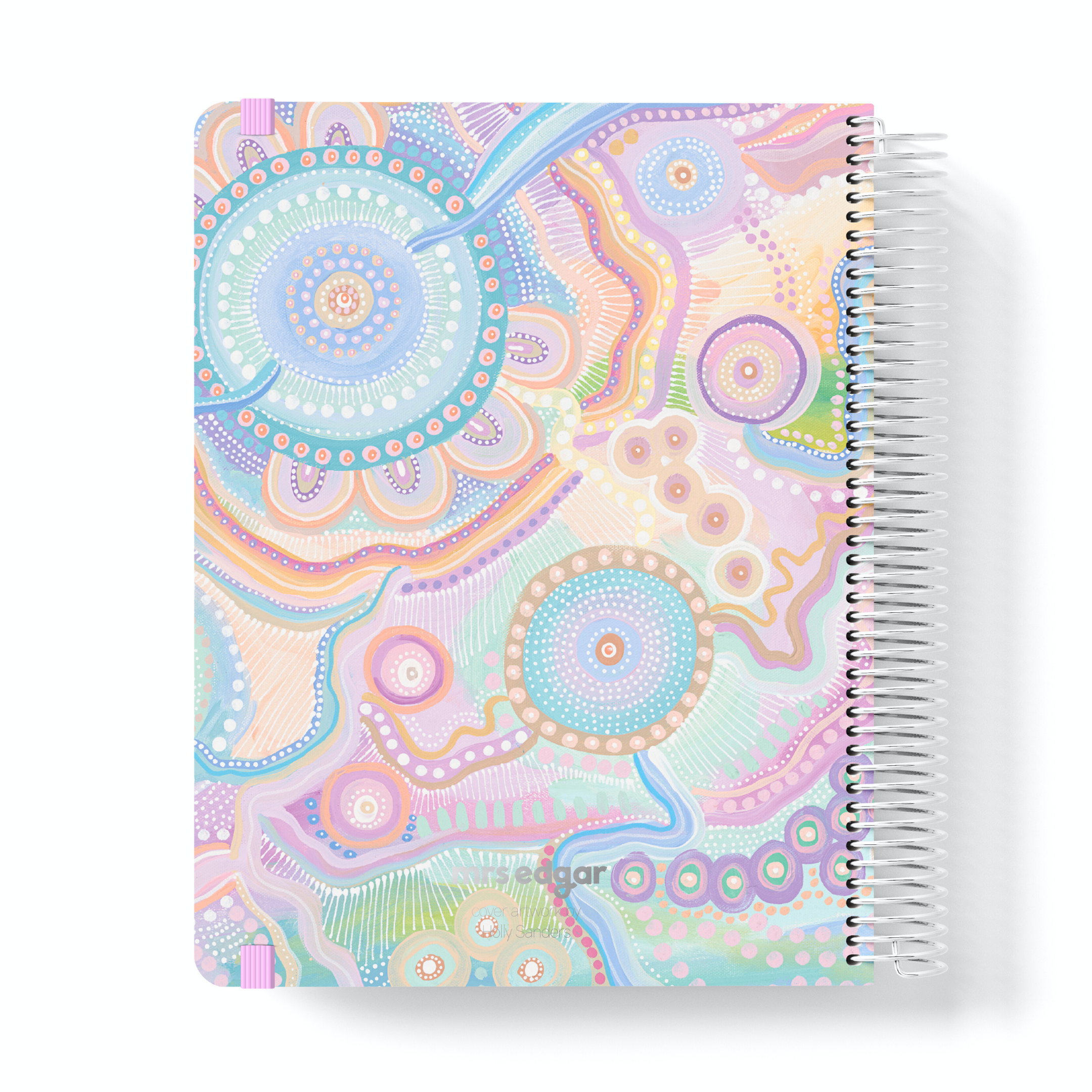 Pastel-toned back cover of a 2026 teacher planner with Aboriginal-inspired circular and flowing patterns in pink, lilac, aqua, and peach.