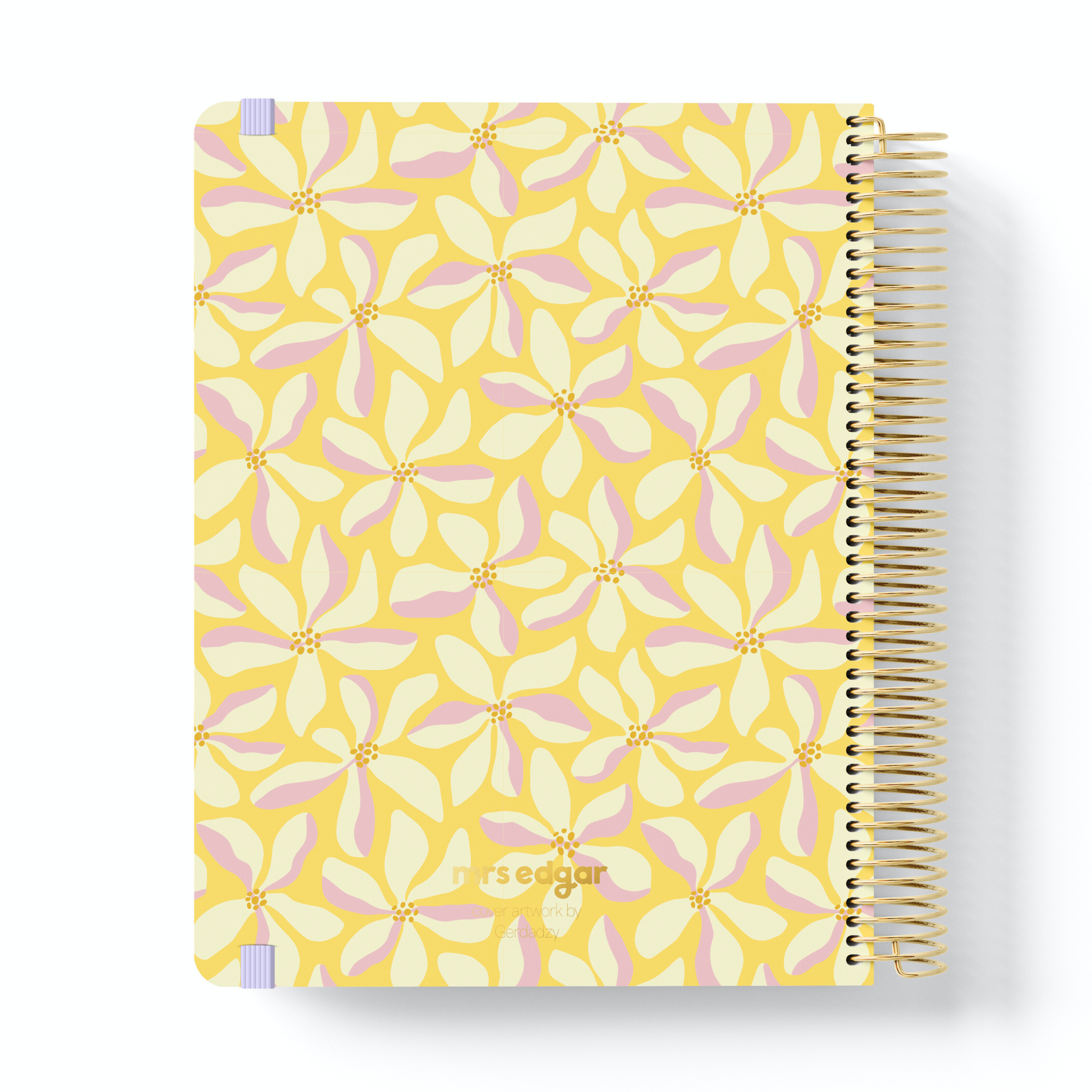 Yellow 2026 planner with abstract cream and pink floral pattern, featuring “mrs edgar” text at the bottom in gold.