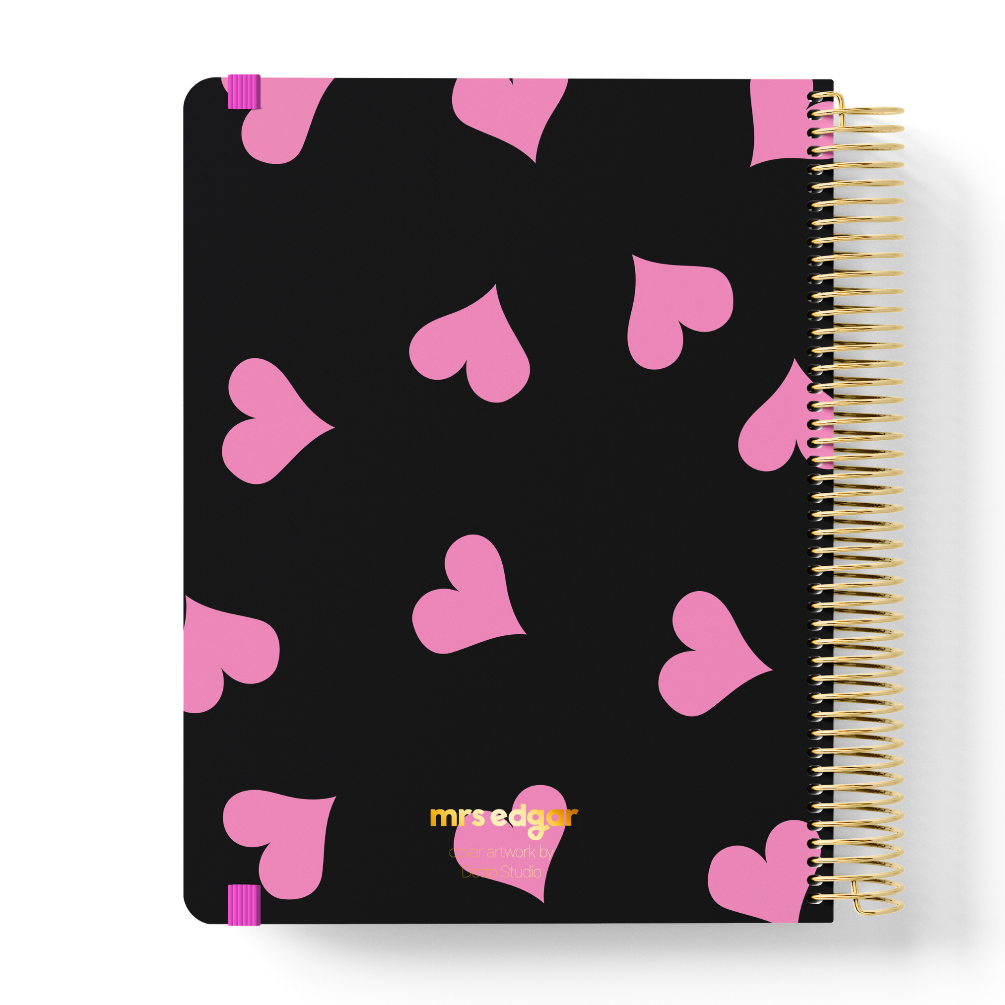 2026 teacher planner with bold black cover featuring scattered pink hearts and gold coil binding