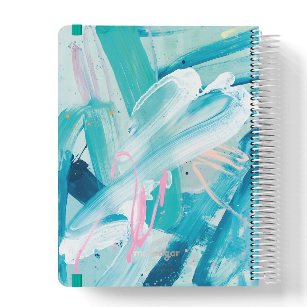 2026 teacher planner with expressive teal and white brushstrokes, accented by soft pink on a painterly abstract background