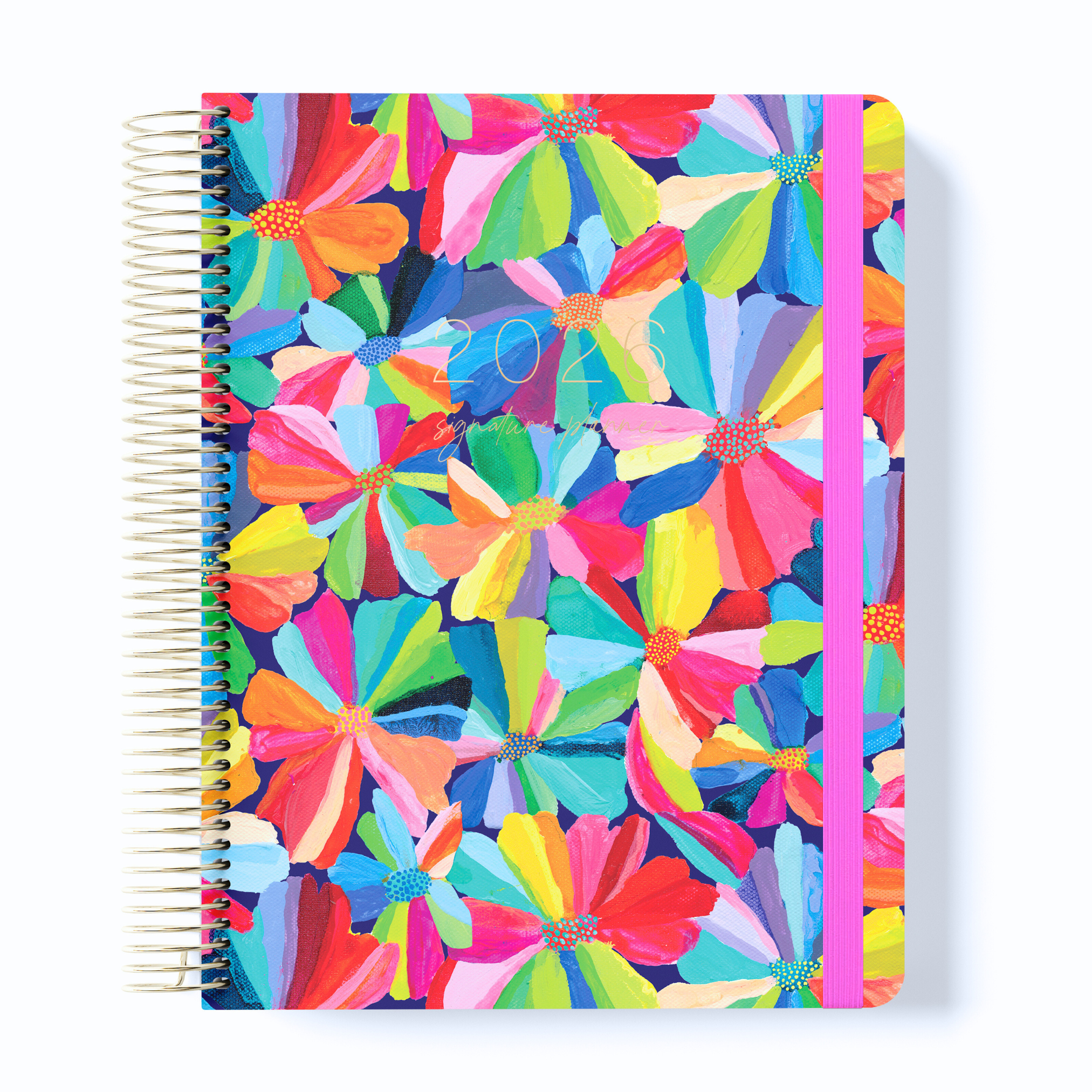2026 signature planner with bold, multicoloured hand-painted floral design on a dark background, bound with a bright pink strap.