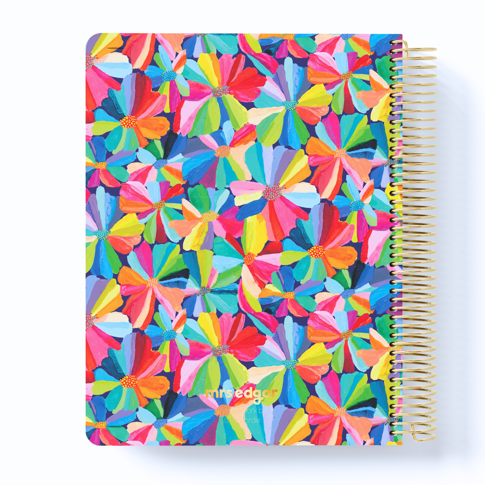 2026 teacher planner with a bold floral cover featuring hand-painted rainbow petals and gold coil binding