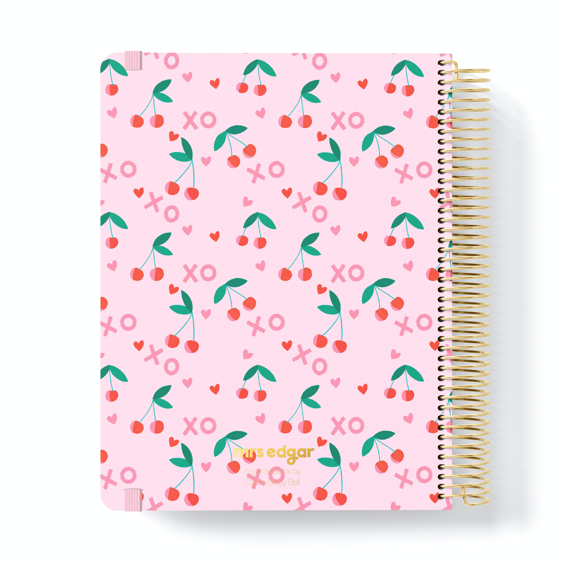 Pink 2026 planner with red cherry, heart, and “XO” pattern, featuring “mrs edgar” text at the bottom in gold.