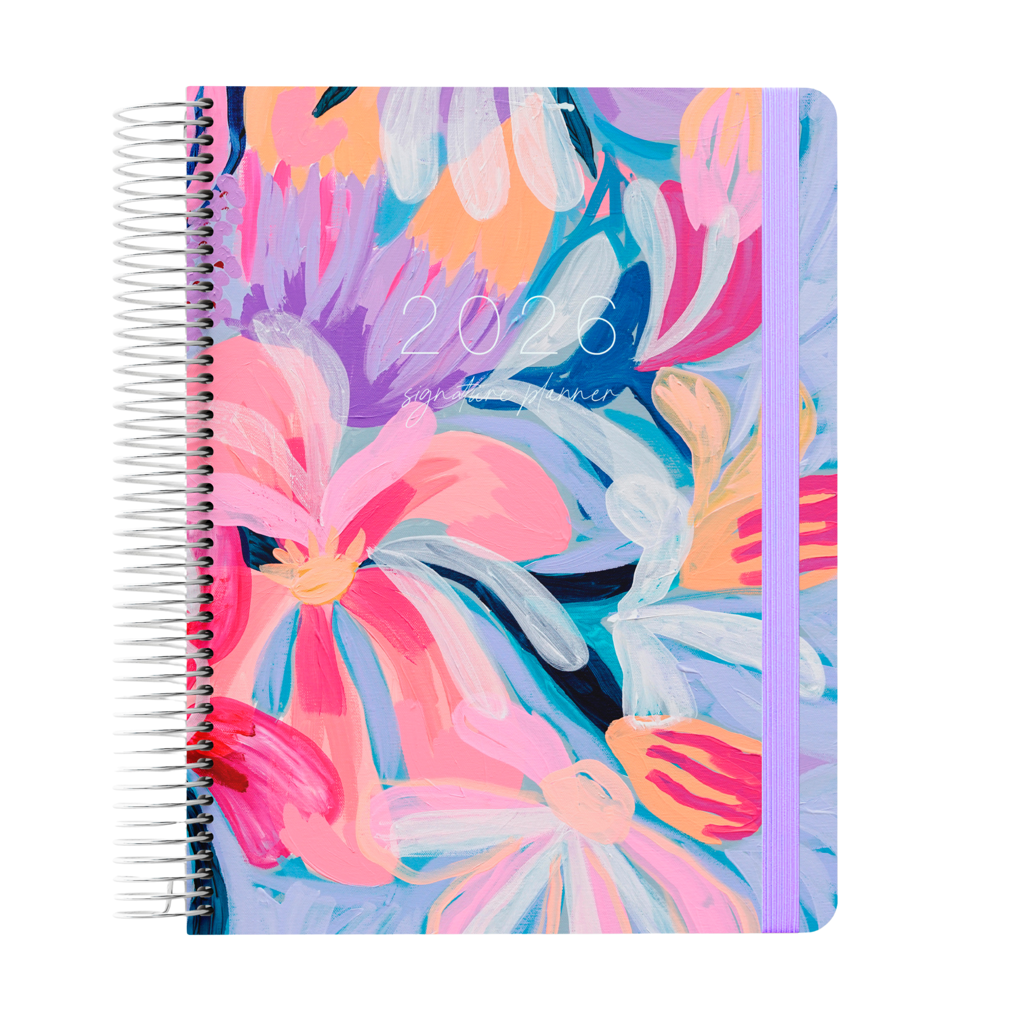 2026 teacher planner with bold hand-painted floral cover in pinks, purples, and oranges, silver coil binding, and lilac elastic strap.