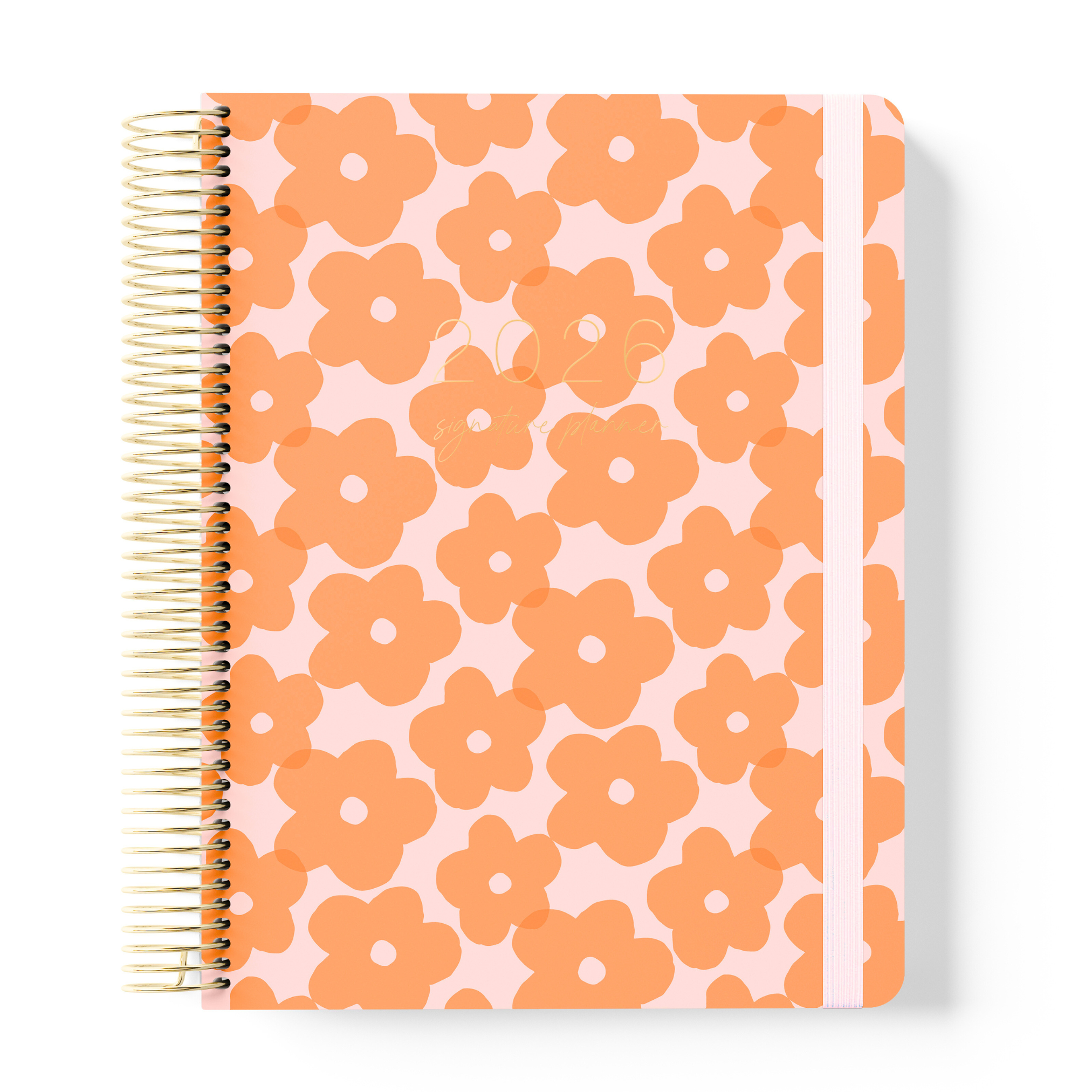 2026 teacher planner with bold orange floral cover, gold coil binding, and pink elastic closure.