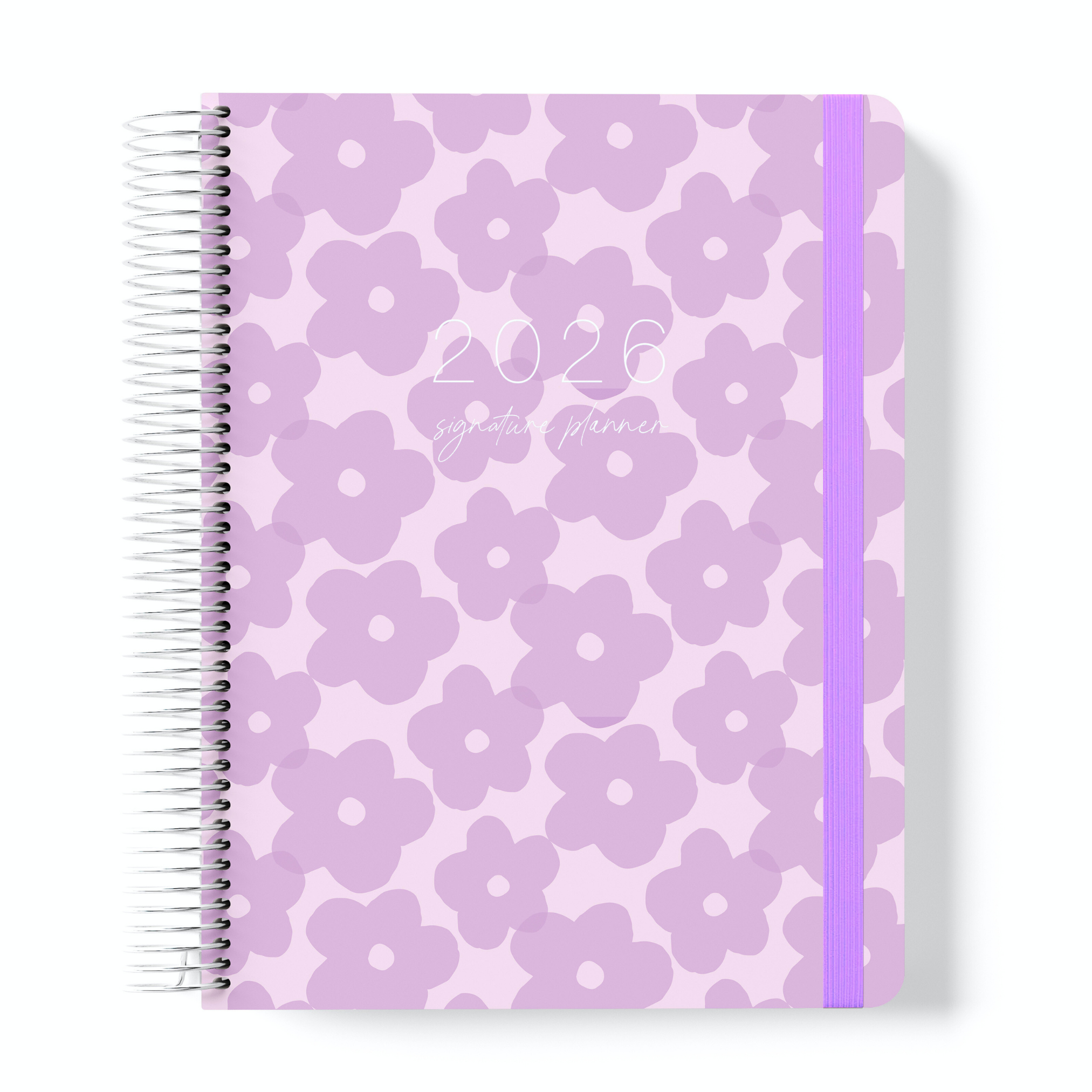2026 teacher planner with a lilac cover featuring a repeating retro flower pattern, silver coil binding, and matching purple elastic strap.