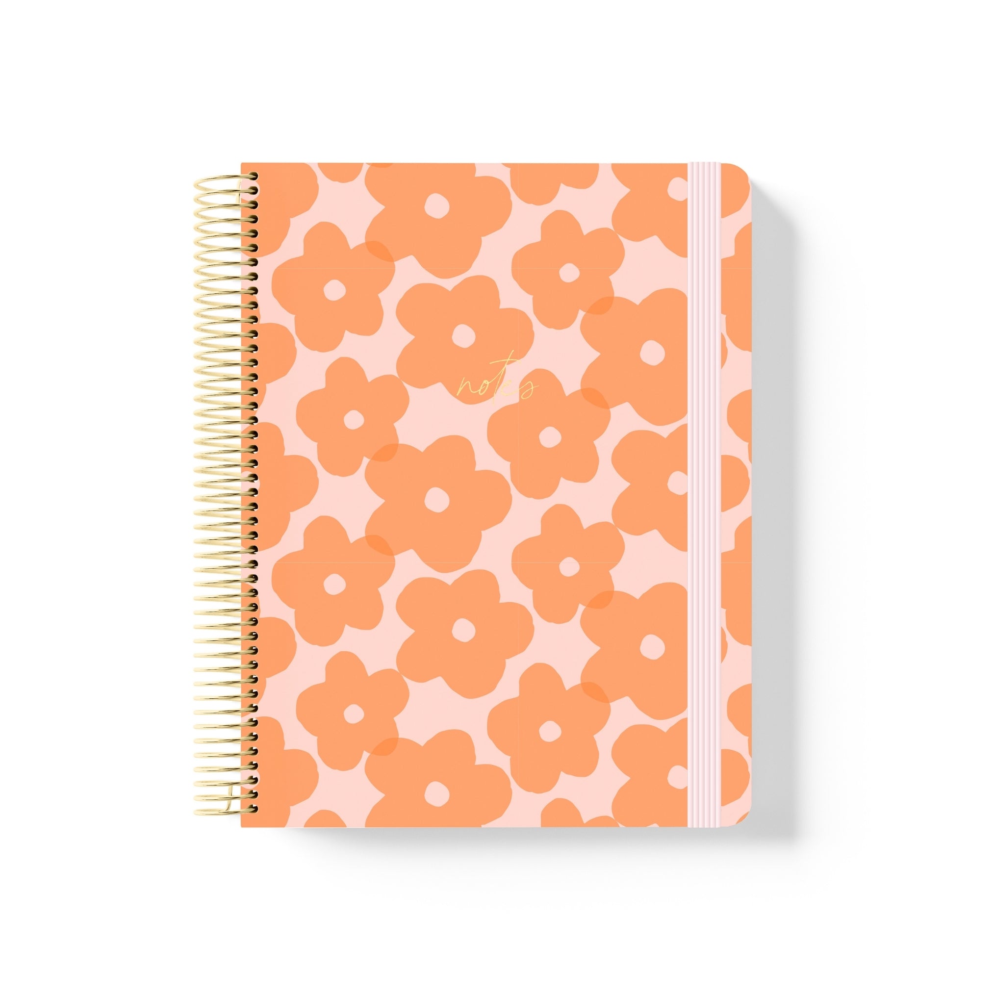 Gold coiled notebook with tangerine orange flower pattern, gold “notes” script, gold spiral binding, and a soft pink elastic band.