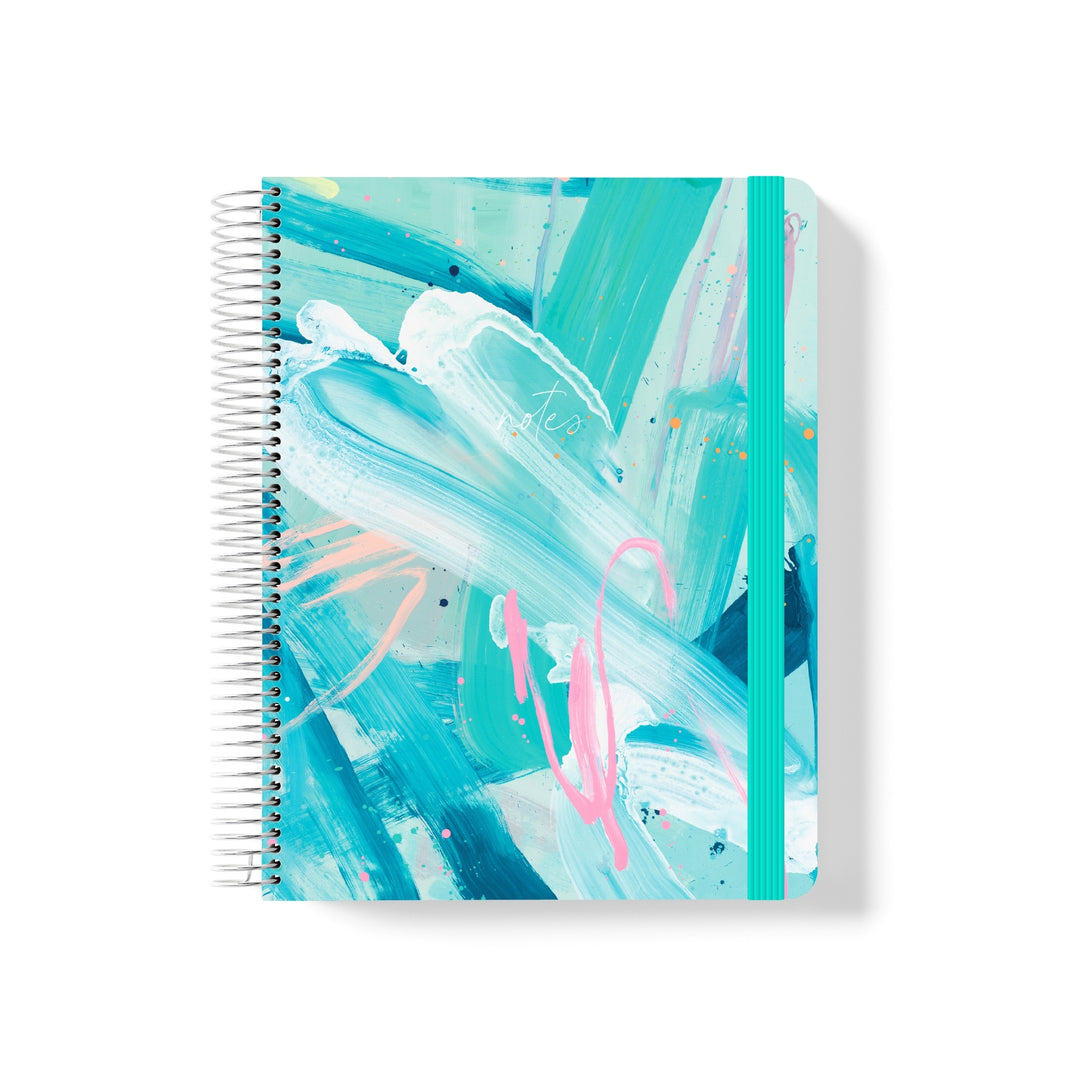 Coiled notebook with teal elastic band and abstract brushstroke artwork in aqua, white, and pink, with “notes” text on the cover.