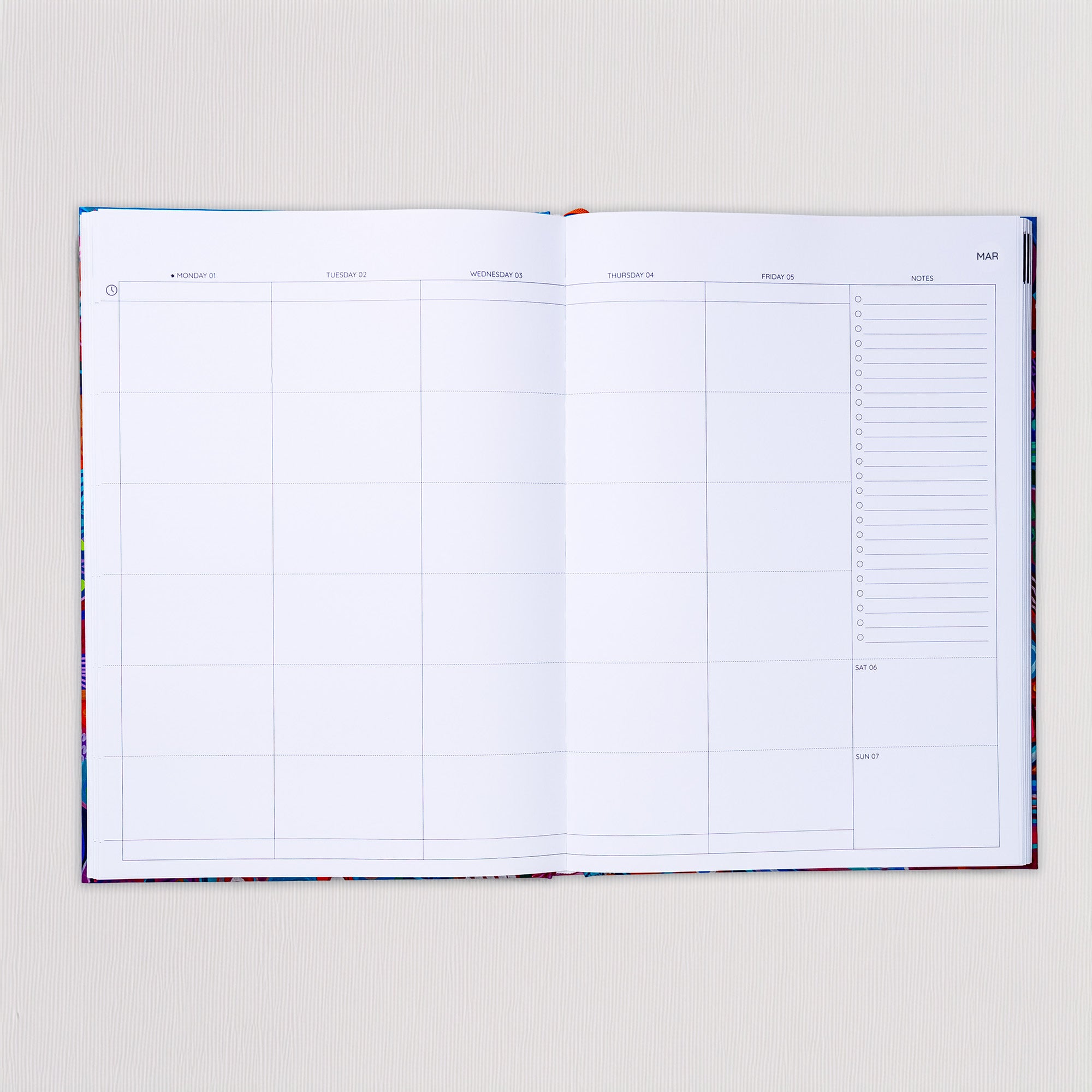 Open 2027 Classic Slimline Teacher Planner showing the weekly spread with Monday to Friday lesson columns, a notes checklist and weekend section