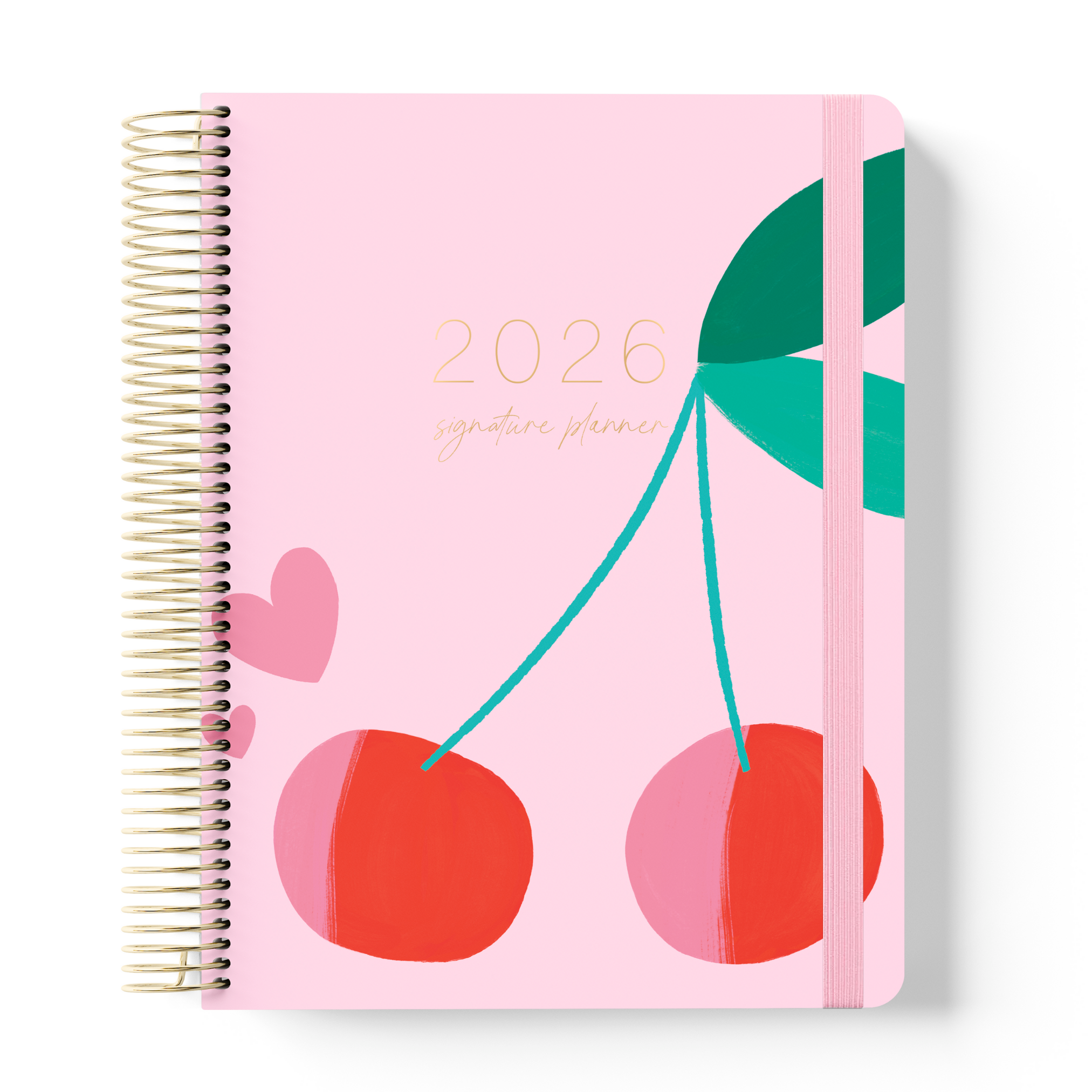 2026 teacher planner with a pink cover featuring painted red cherries, green leaves, pink hearts, gold coil binding, and pink elastic strap.