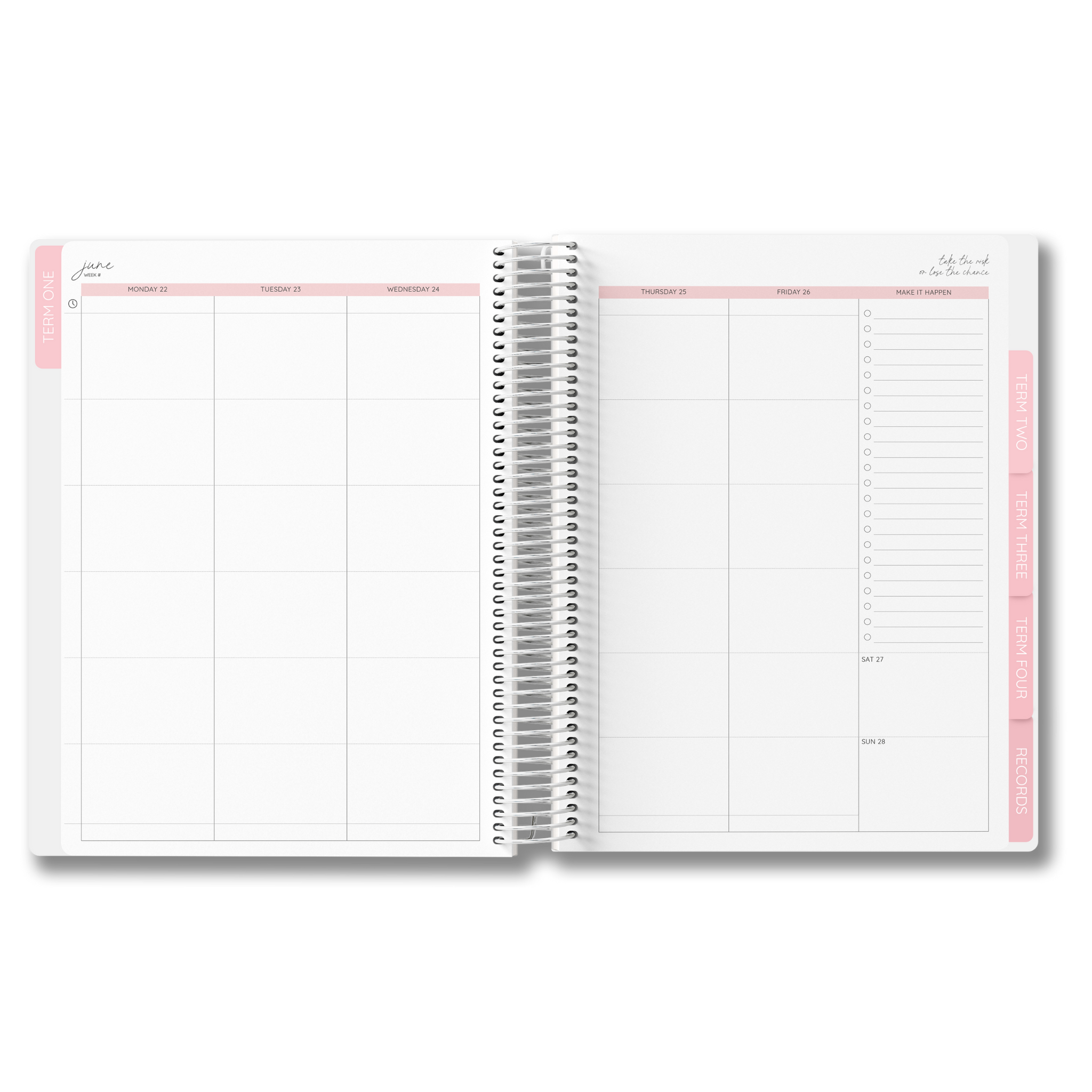 Neutral-toned weekly planner spread with Monday to Sunday layout, task list column, and pink term dividers for a 2026 teacher planner.
