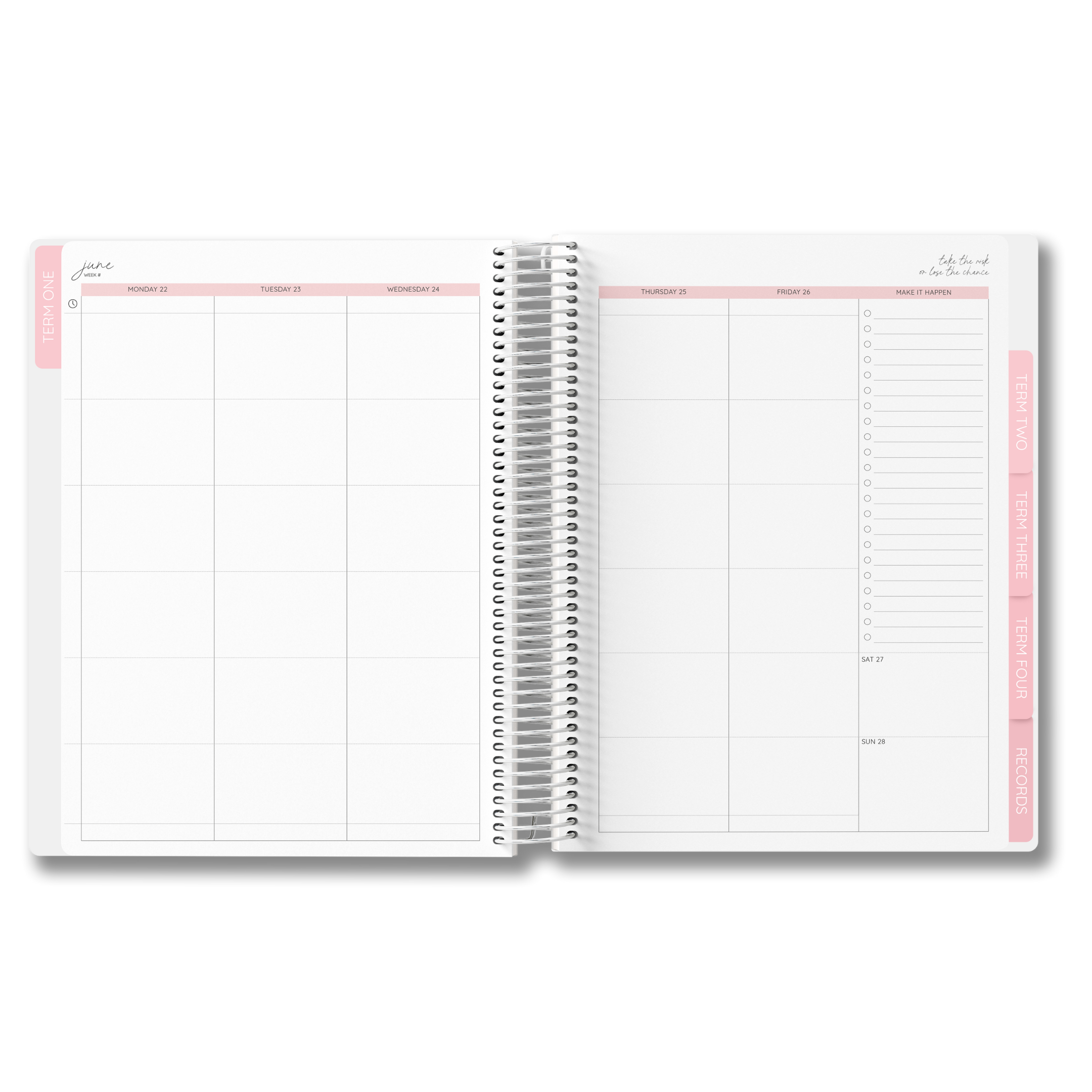 Neutral-toned weekly planner spread with Monday to Sunday layout, task list column, and pink term dividers for a 2026 teacher planner.
