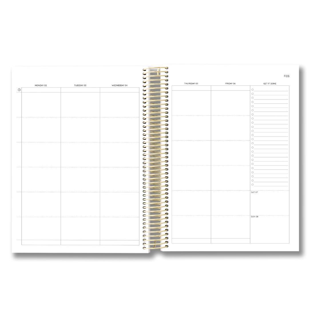 Spiral-bound planner with grid layout on white background