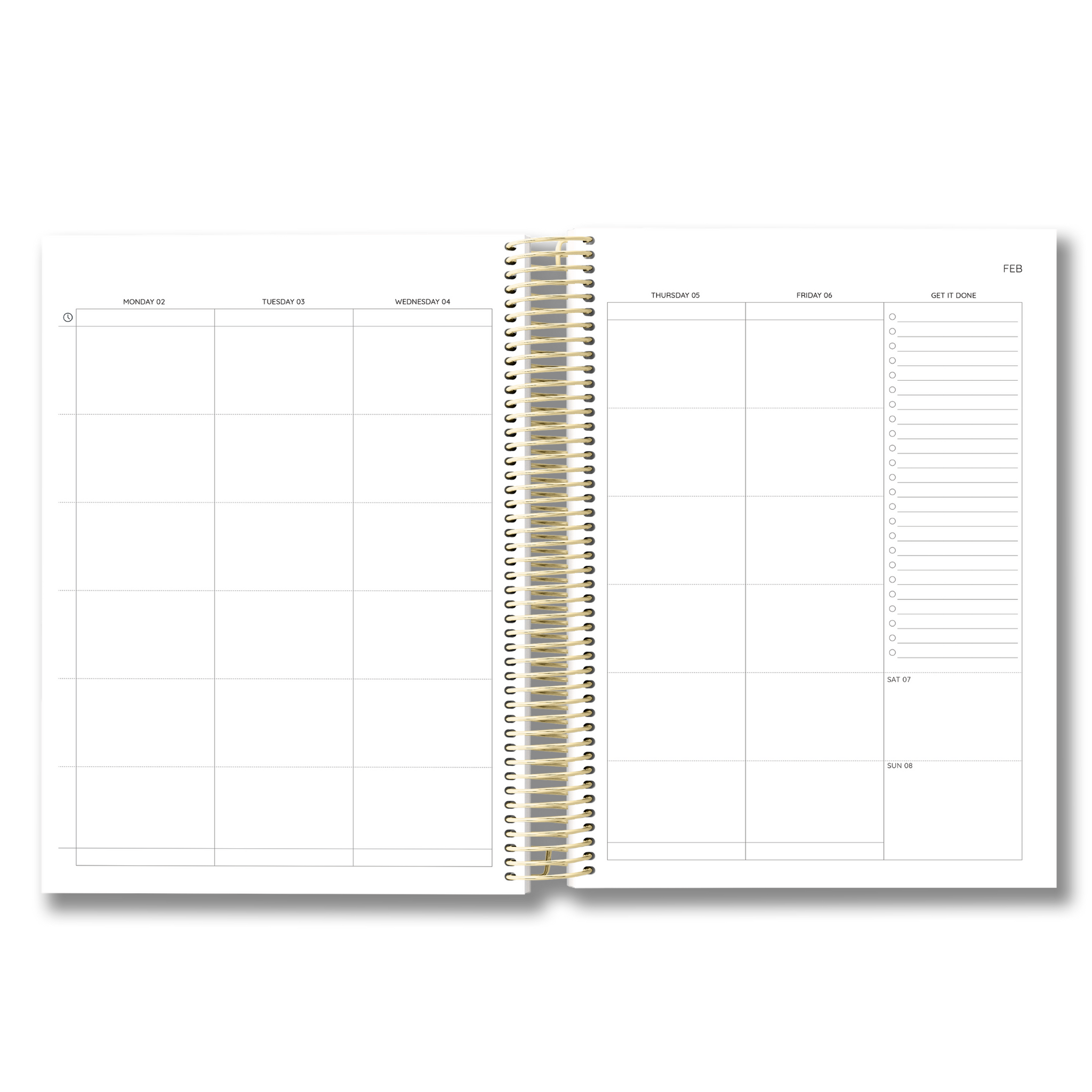 Spiral-bound planner with grid layout on white background