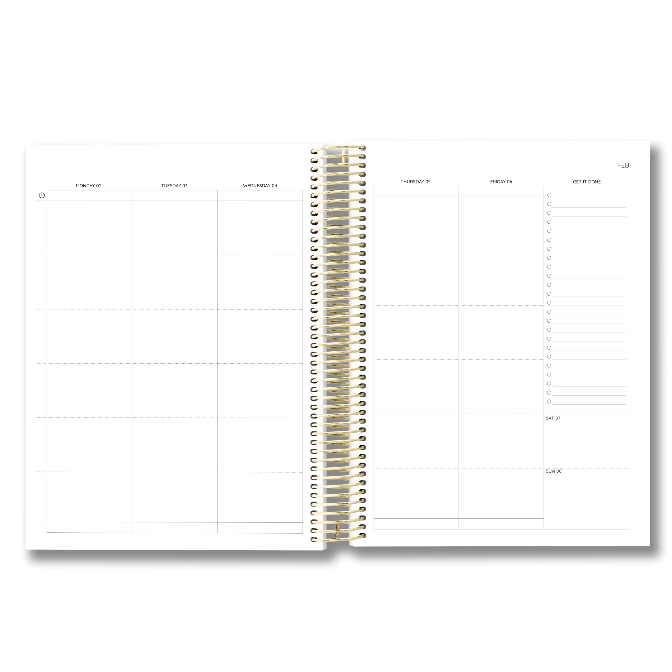 Spiral-bound planner with grid layout on white background