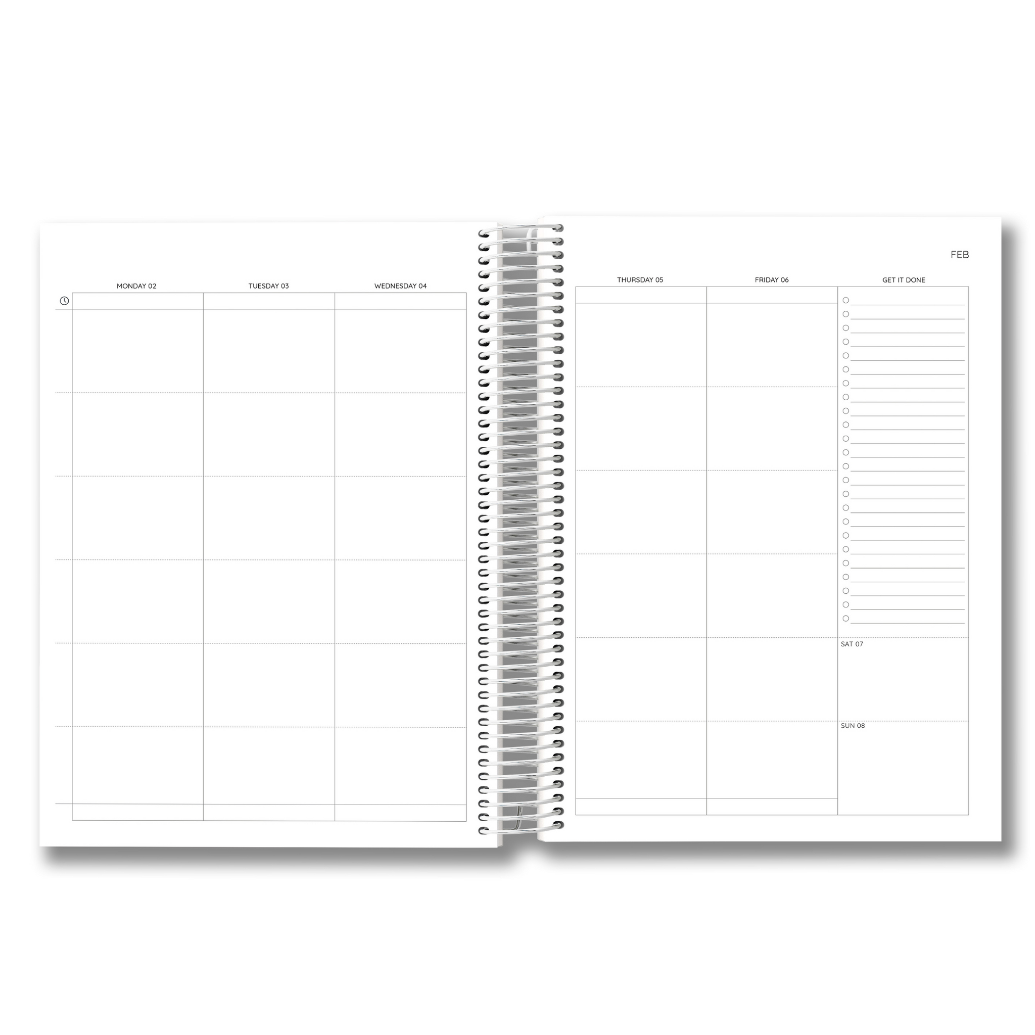 Spiral-bound planner with weekly and monthly layout on white background