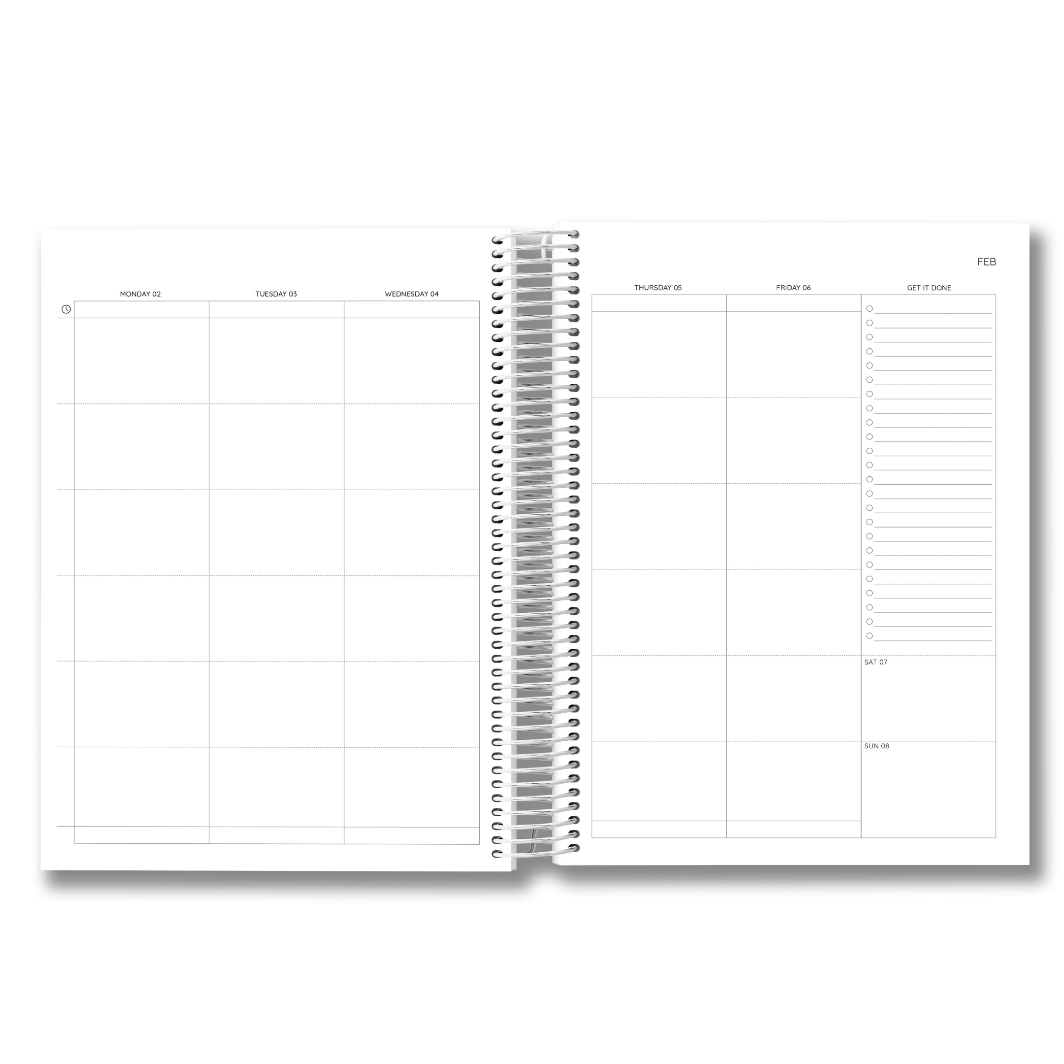 Spiral-bound planner with weekly and monthly layout on white background