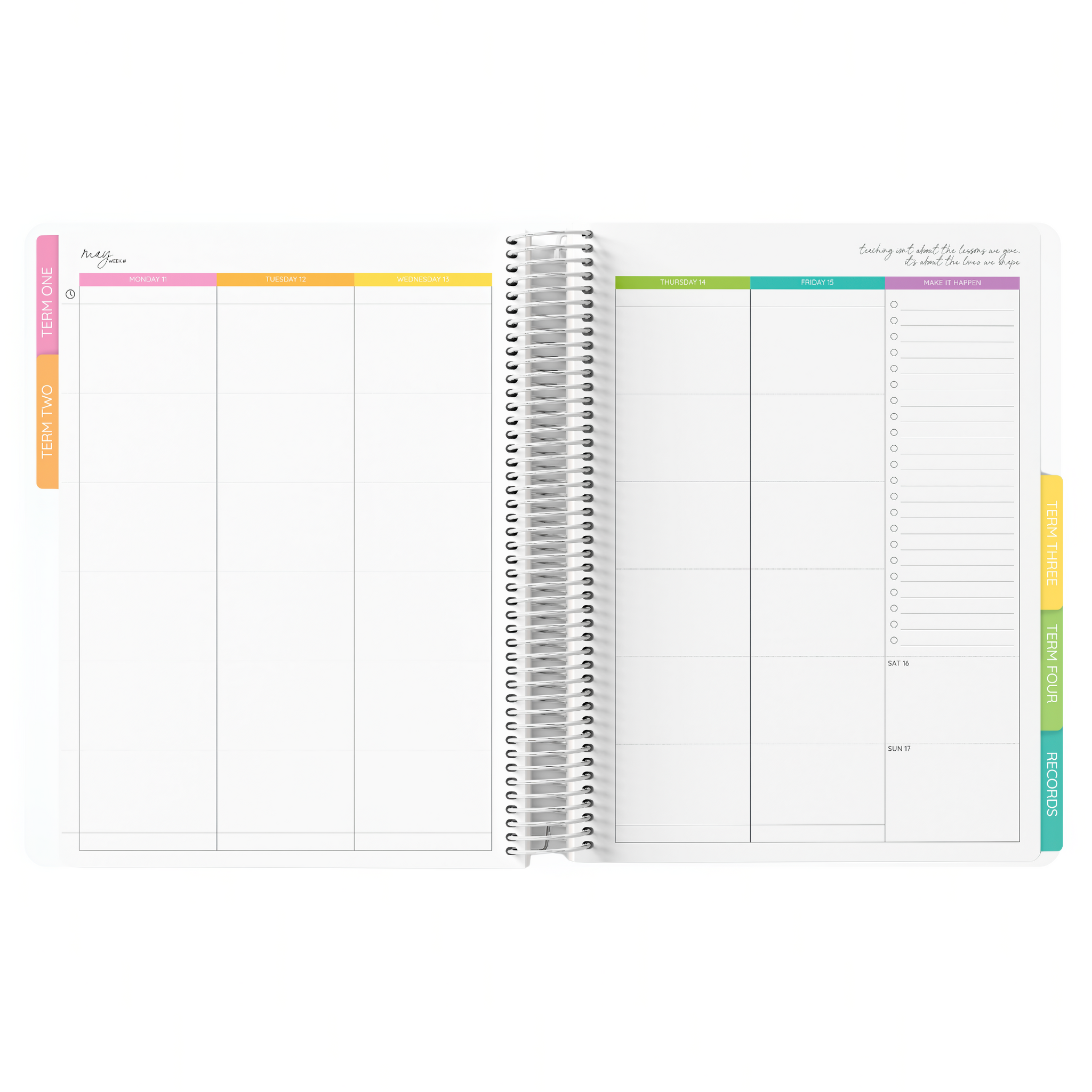 Open spiral-bound planner with colorful tabs on a white background