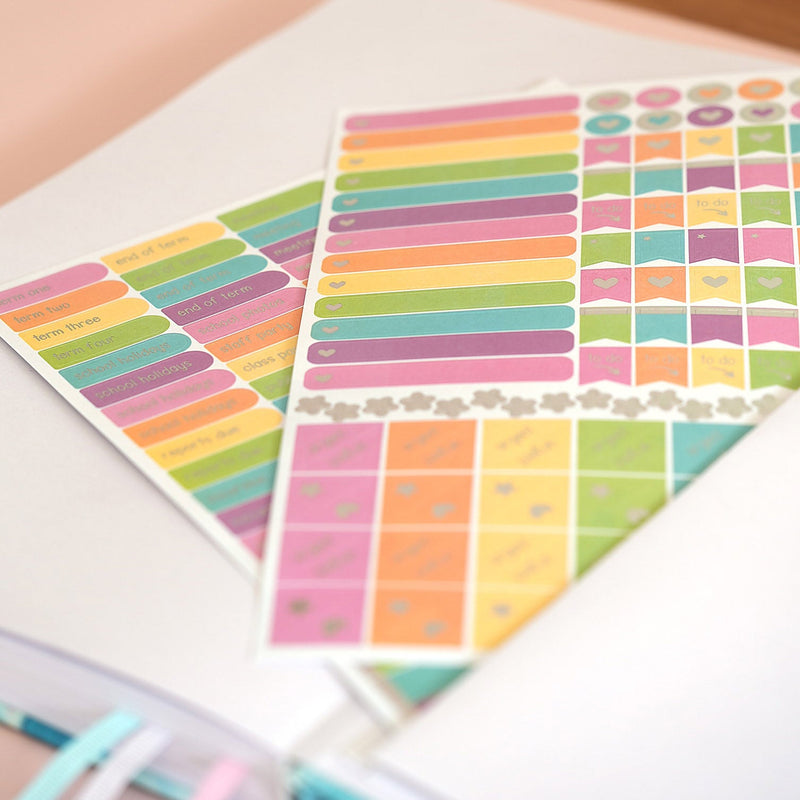 2027 Classic Weekly Teacher Planner bright sticker sheets with term, school holiday and meeting labels in silver foil
