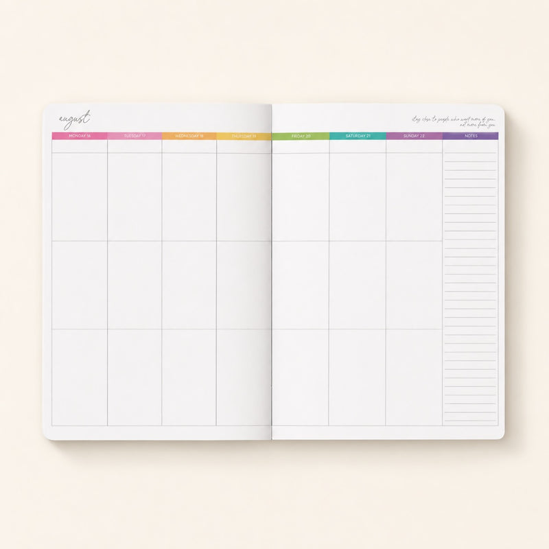 Open 2027 Everyday Planner showing the full week-to-an-opening spread, Monday to Sunday with rainbow day headers and a notes column