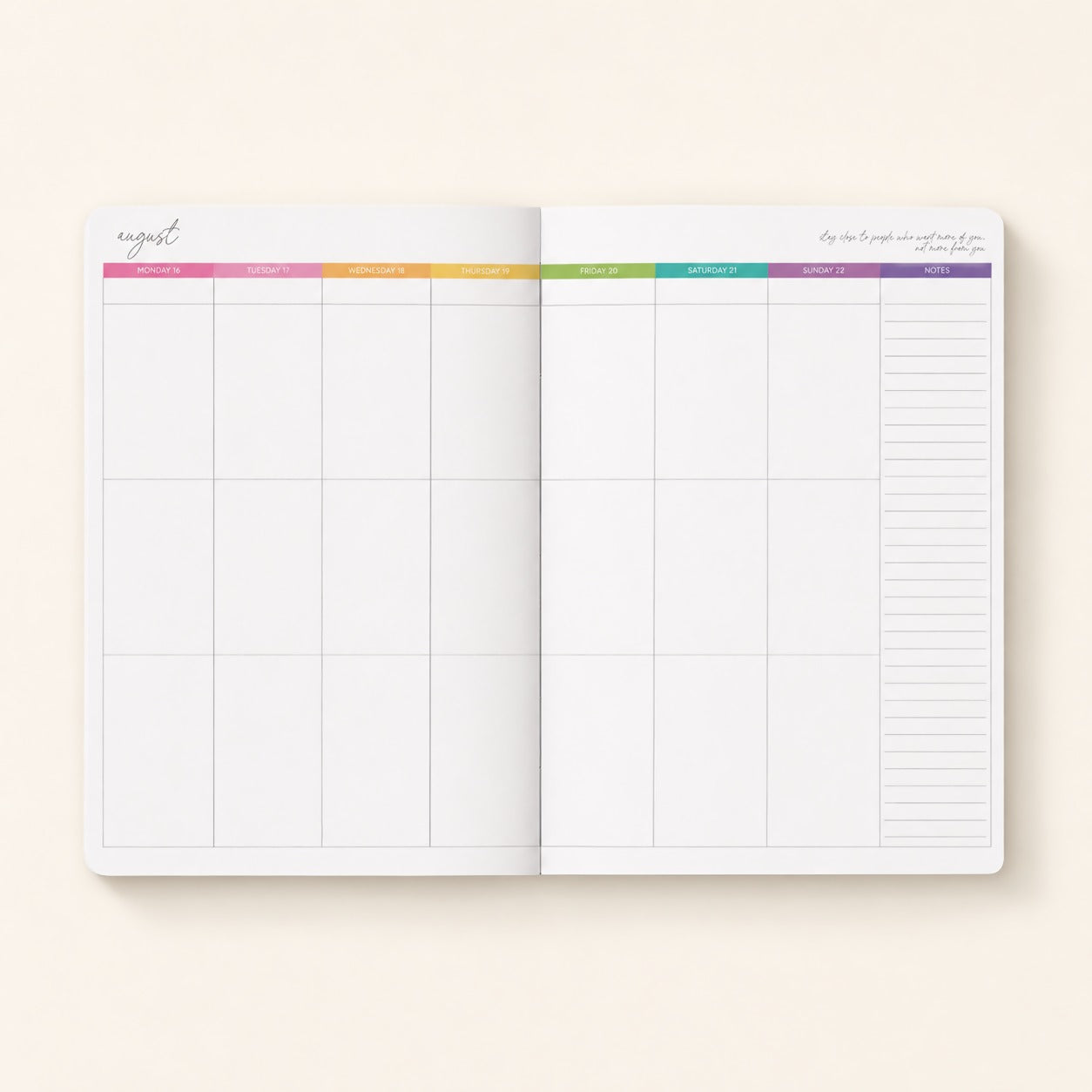 Open 2027 Everyday Planner showing the full week-to-an-opening spread, Monday to Sunday with rainbow day headers and a notes column