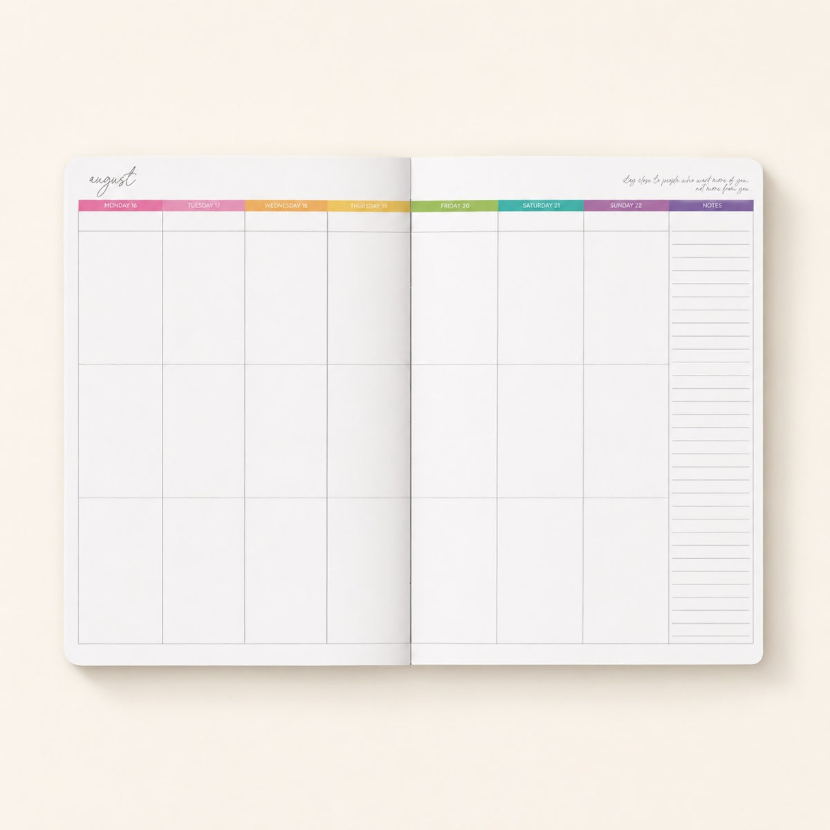 Open 2027 Everyday Planner showing the full week-to-an-opening spread, Monday to Sunday with rainbow day headers and a notes column