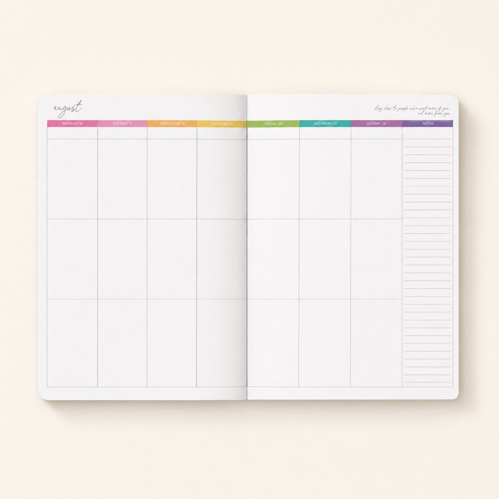 Open 2027 Everyday Planner showing the full week-to-an-opening spread, Monday to Sunday with rainbow day headers and a notes column