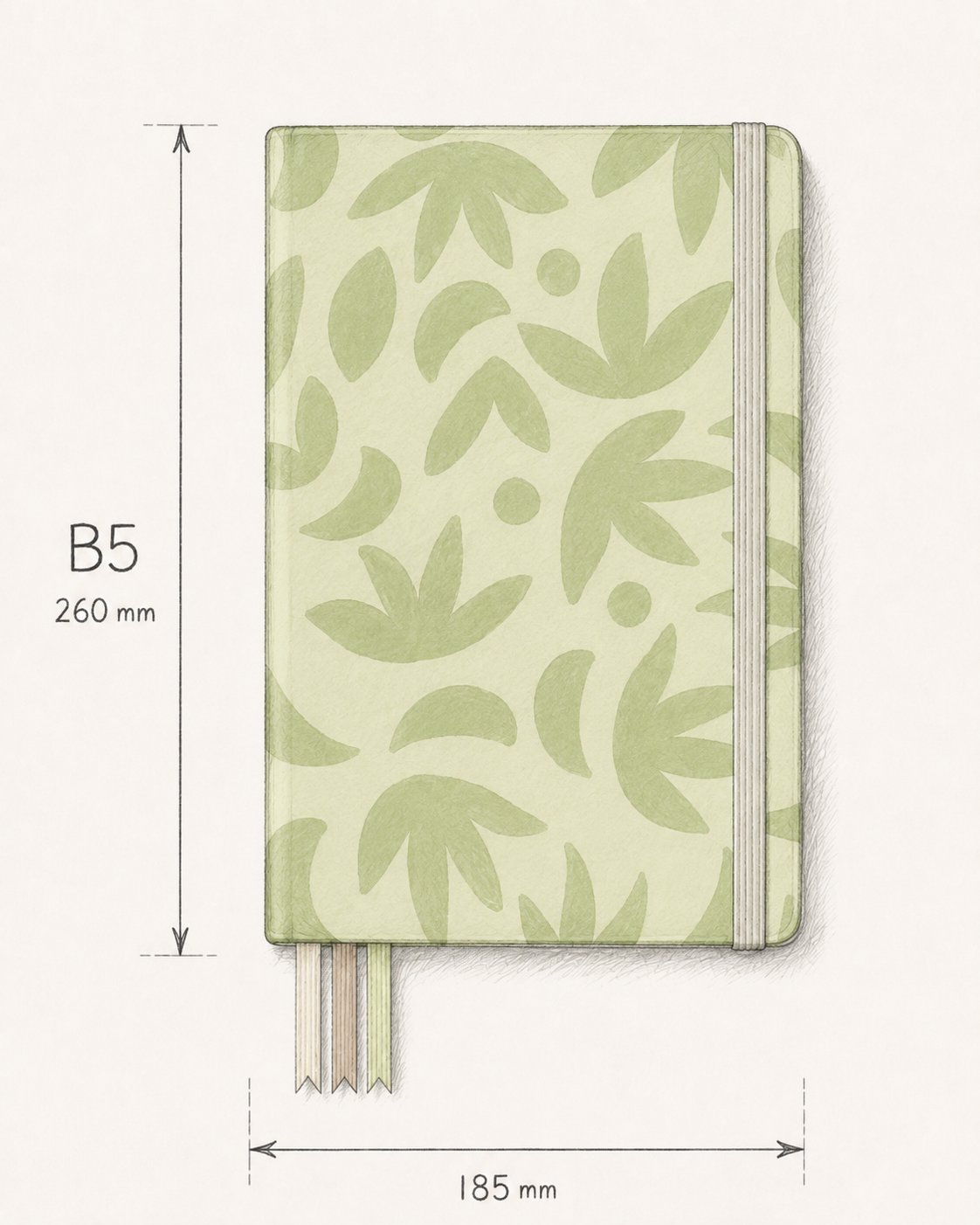 Size guide sketch of the 2027 Sunburst Sage Everyday Planner - B5, 260 mm tall by 185 mm wide