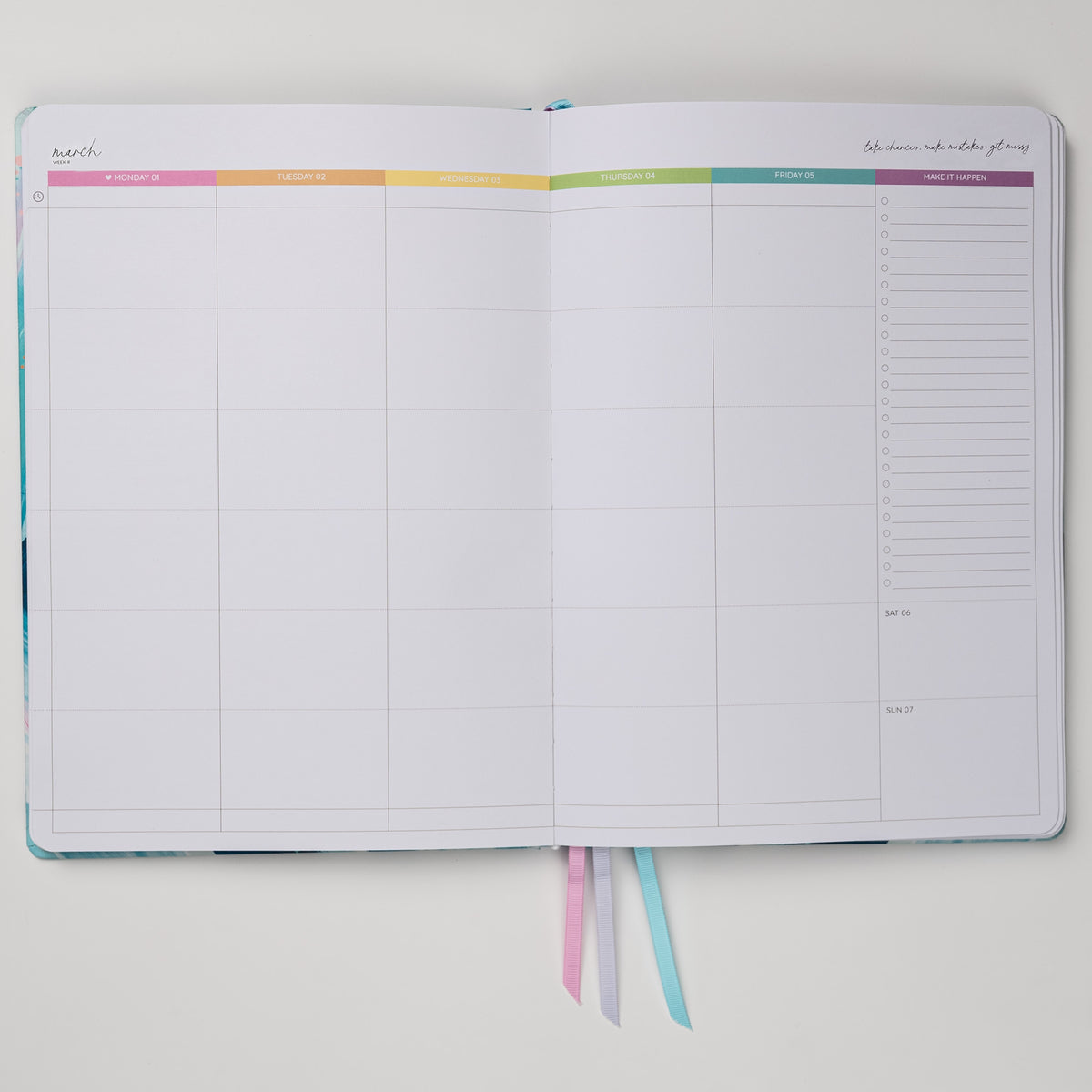 Open 2027 Classic Weekly Teacher Planner Brights showing the rainbow week-to-an-opening spread with Monday to Friday lesson columns, Make It Happen checklist and weekend section