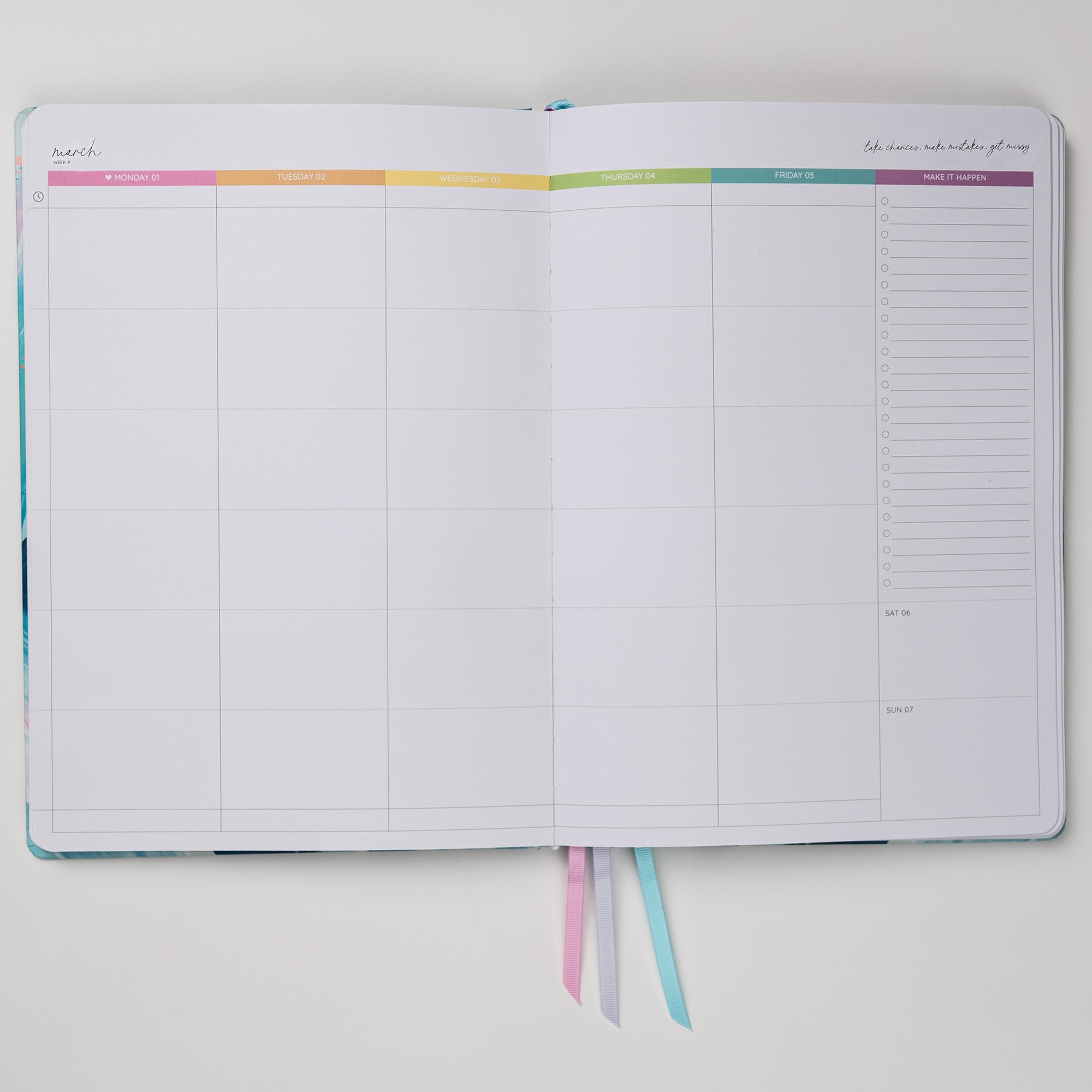 Open 2027 Classic Weekly Teacher Planner Brights showing the rainbow week-to-an-opening spread with Monday to Friday lesson columns, Make It Happen checklist and weekend section