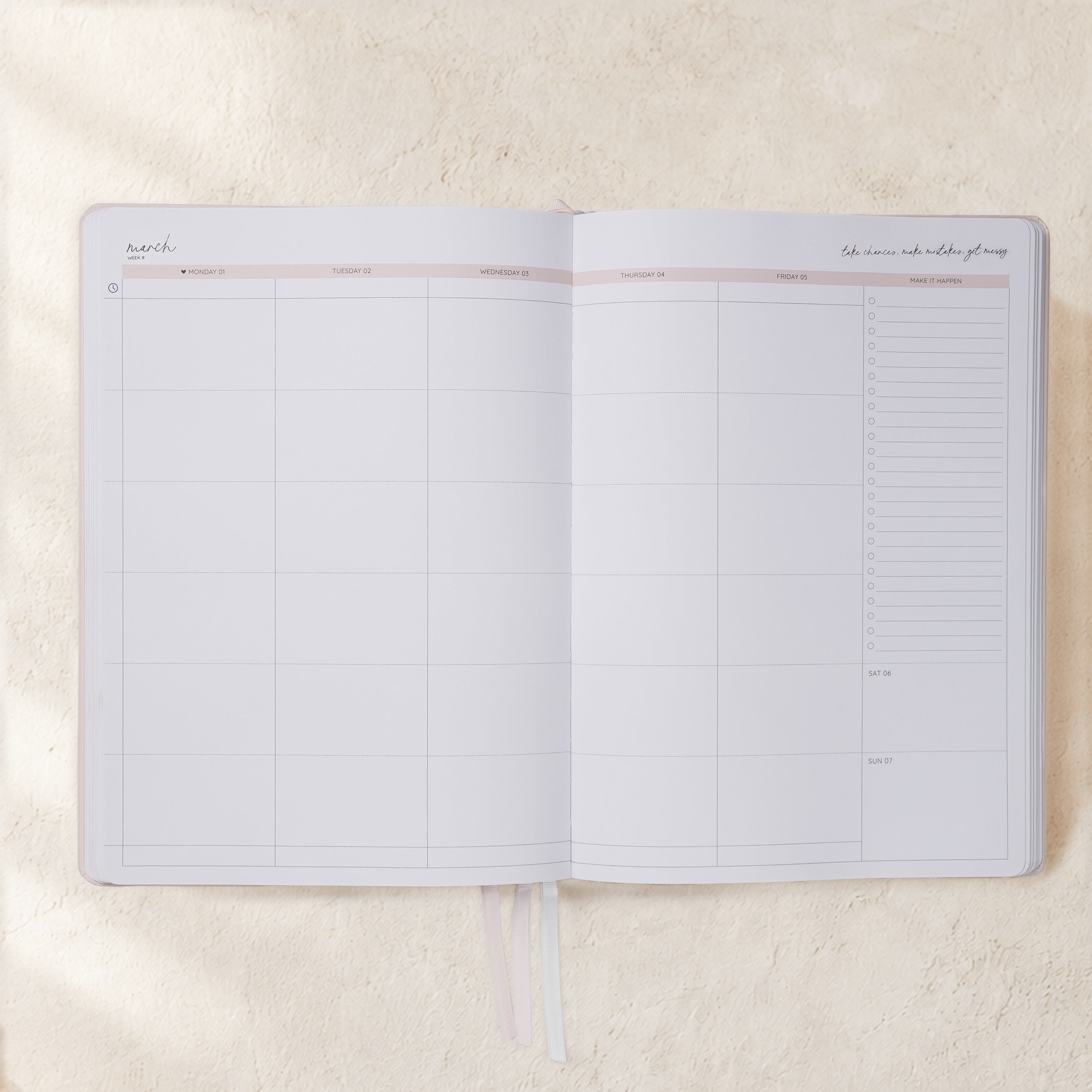 Open 2027 Classic Weekly Teacher Planner Neutrals showing the soft blush week-to-an-opening spread with Monday to Friday lesson columns, Make It Happen checklist and weekend section