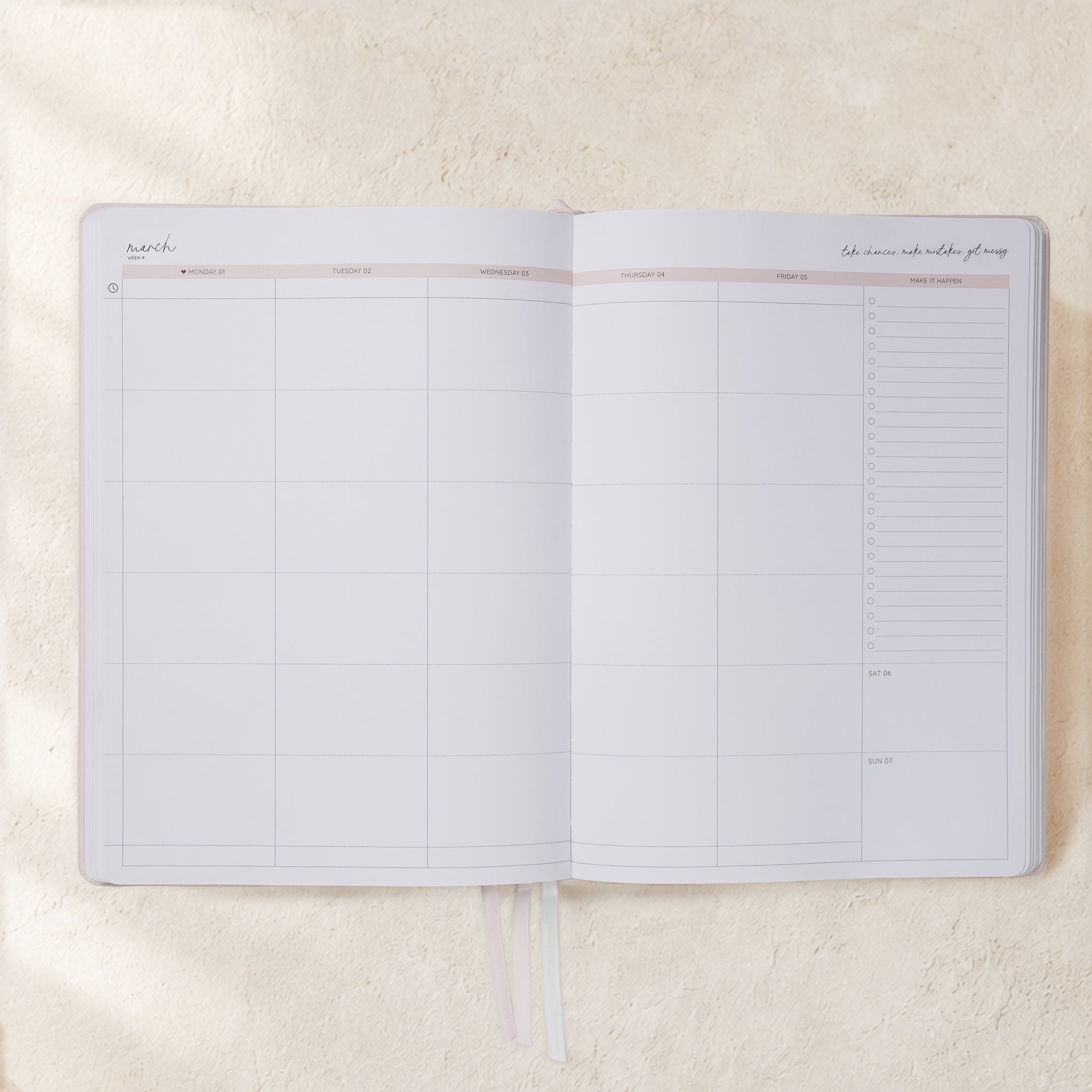 Open 2027 Classic Weekly Teacher Planner Neutrals showing the soft blush week-to-an-opening spread with Monday to Friday lesson columns, Make It Happen checklist and weekend section
