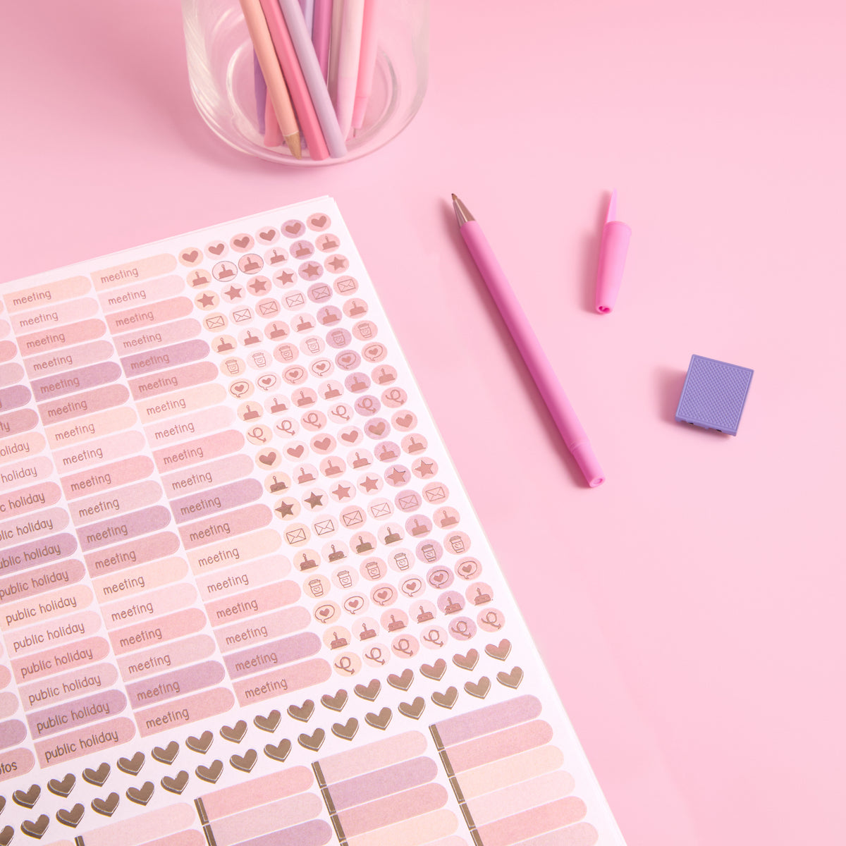 2027 Classic Weekly Teacher Planner neutral sticker sheets in soft blush and mauve with meeting, public holiday and rose-gold foil icon stickers, styled with pink pens