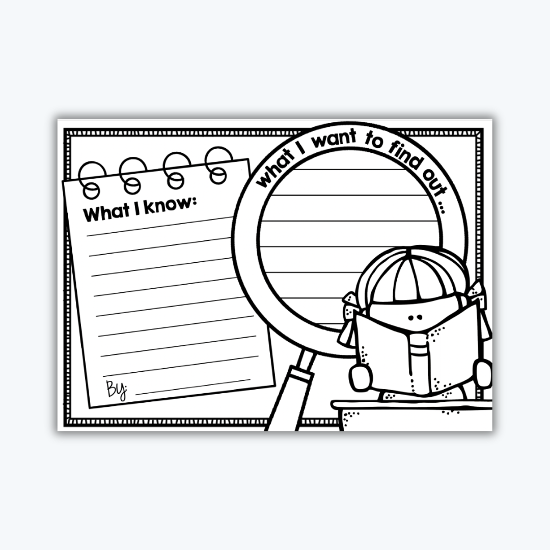 Printable classroom worksheet featuring a magnifying glass and a notepad for students to write what they know and what they want to find out. Includes a child reading a book illustration.