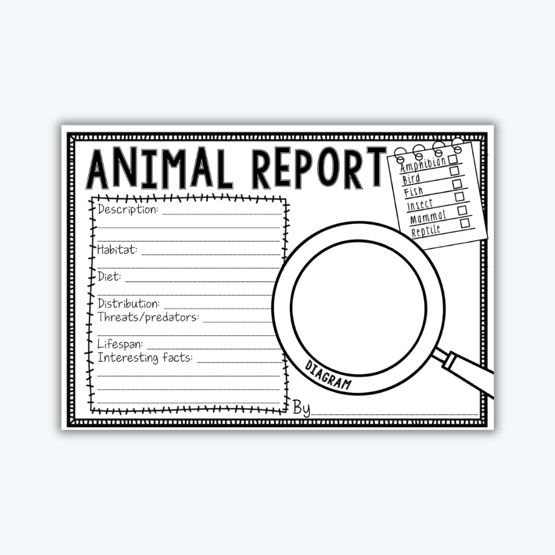 Black and white printable animal report template for students. Includes sections for description, habitat, diet, distribution, lifespan, and a diagram space inside a magnifying glass.