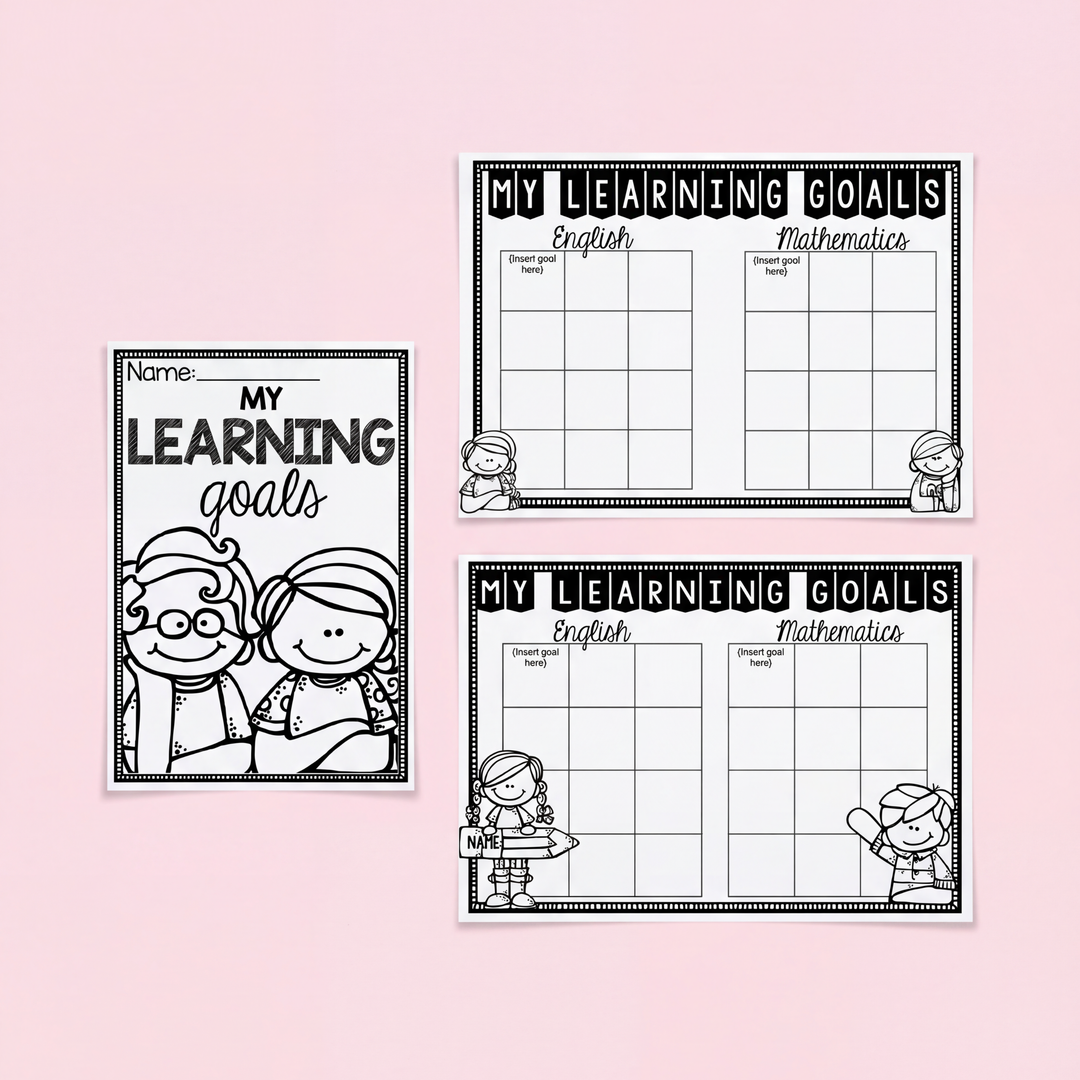 Black-and-white “My Learning Goals” printable worksheets and cover pages for students. The editable classroom templates include goal-setting grids for English and Mathematics, helping children track progress, achievements, and learning targets throughout the school term.