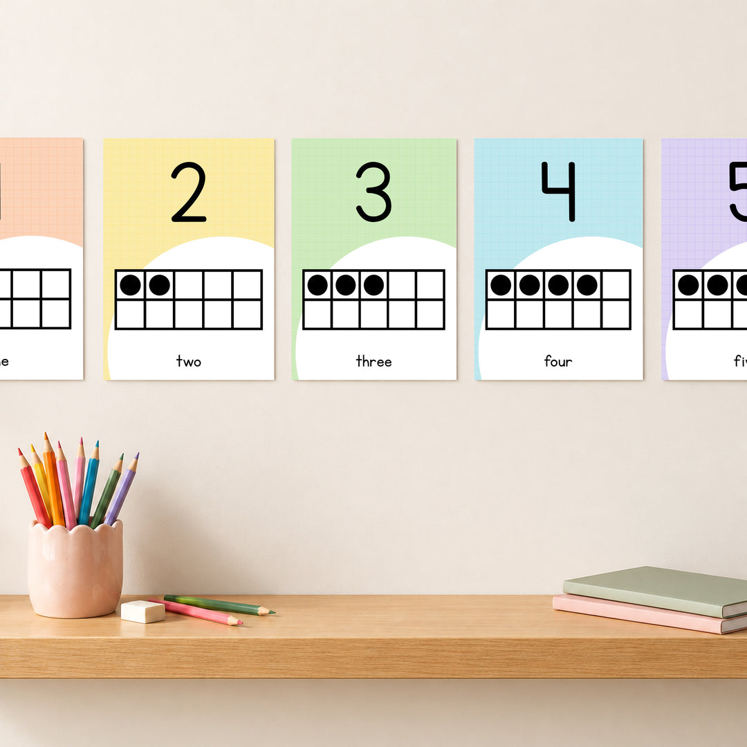 Number posters with ten frames on a classroom wall in soft Gentle colours