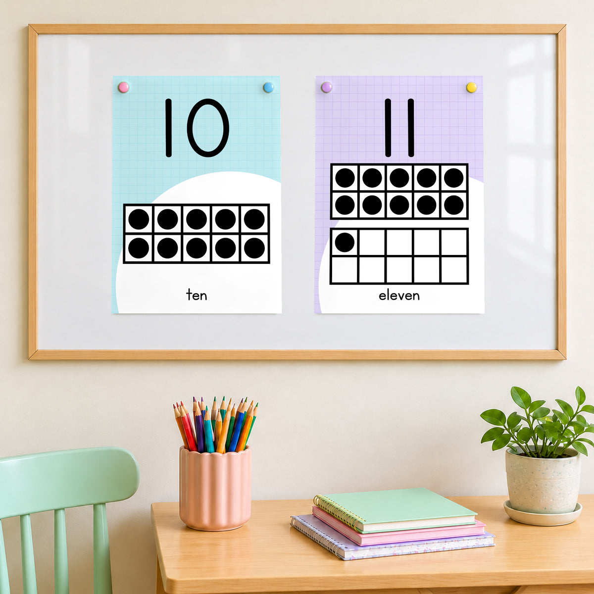 Number flashcards on a classroom magnet board, soft Gentle colours