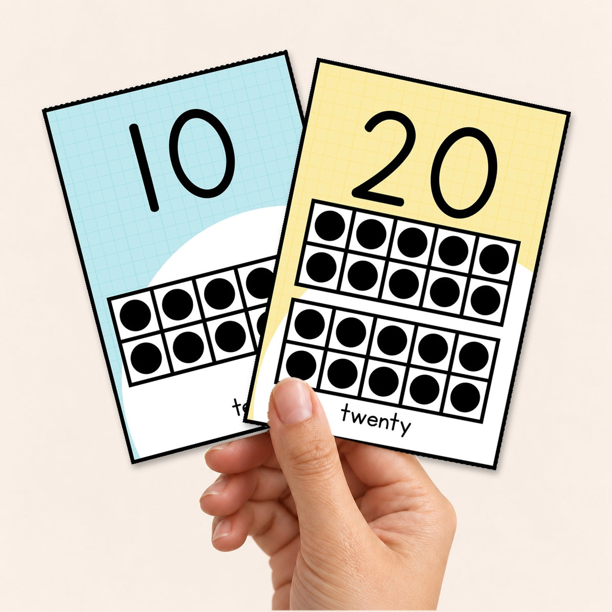 Number flashcards 10 and 20 printed four to a page and cut, soft Gentle colours