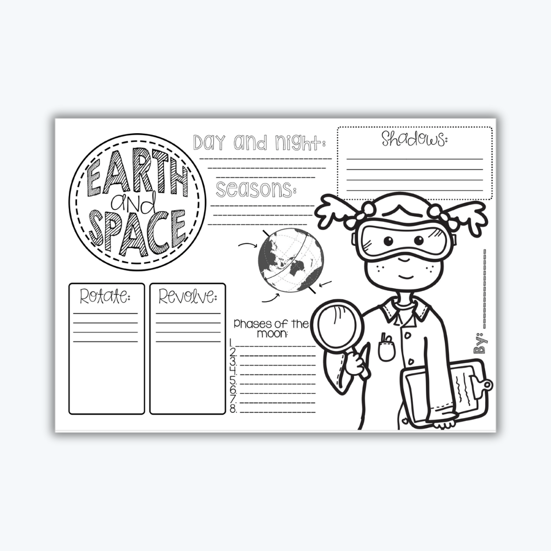 An Earth and Space interactive worksheet with labeled sections for day and night, seasons, shadows, rotation, revolution, and moon phases. The design includes a cartoon scientist character to engage young learners in science concepts.
