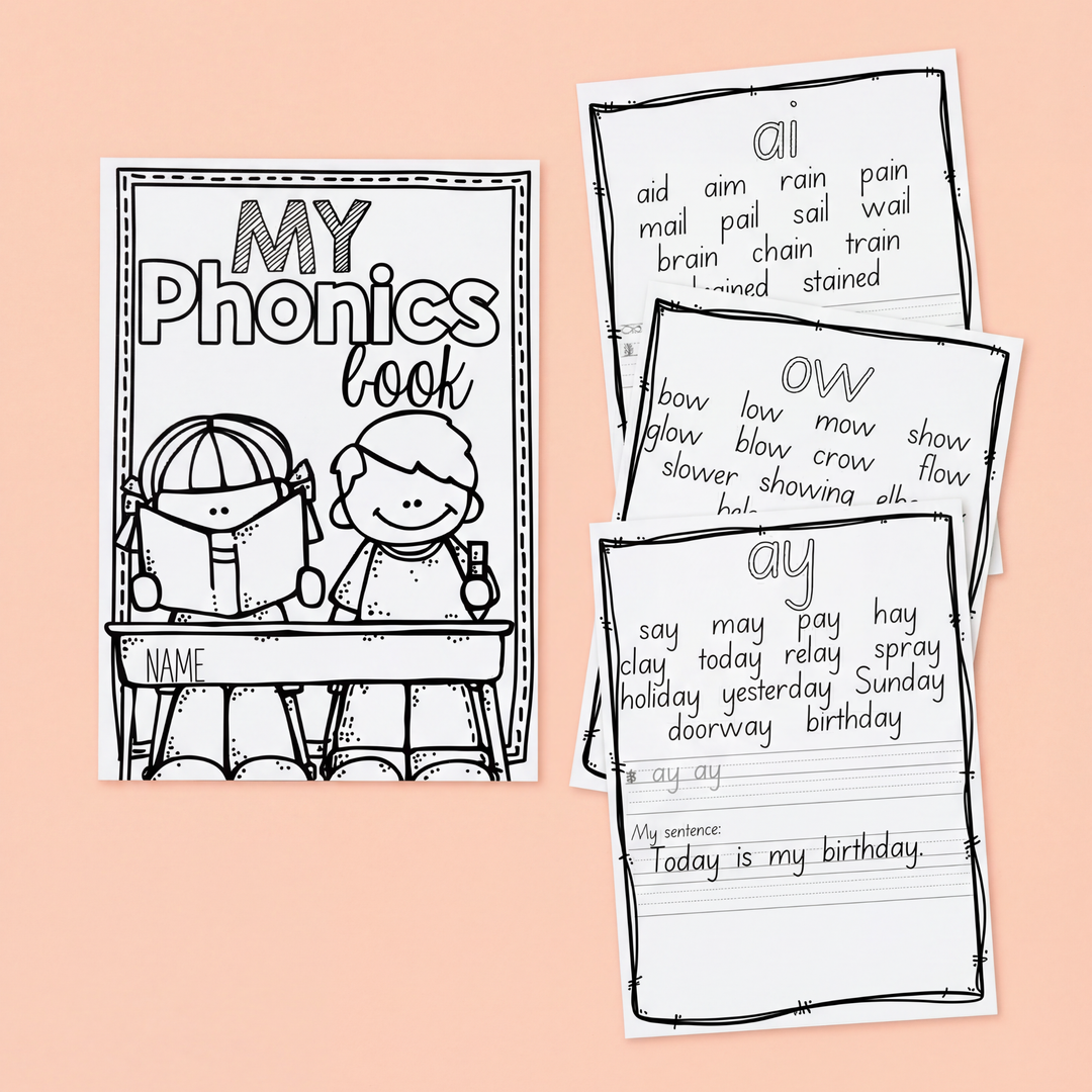 A black-and-white phonics workbook cover and matching vowel team worksheets are displayed on a soft peach background. The printable activities focus on phonics patterns such as “ai,” “ow,” and “ay,” helping students practise reading, spelling, and sentence writing with targeted word lists and handwriting lines.