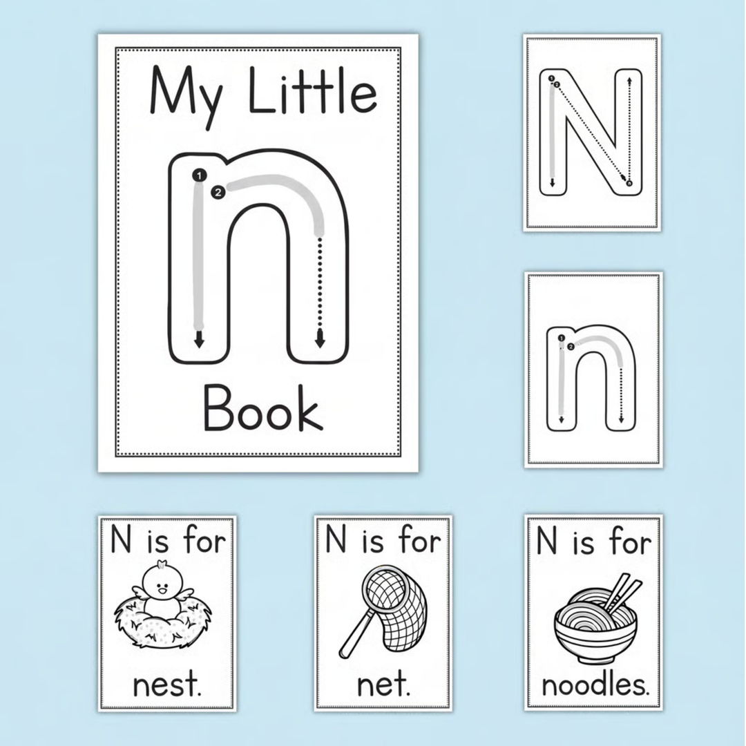 Letter N alphabet book with tracing, handwriting, and phonics activities featuring nest, net, and noodles. Includes visual aids and colourful craft materials for early learners.
