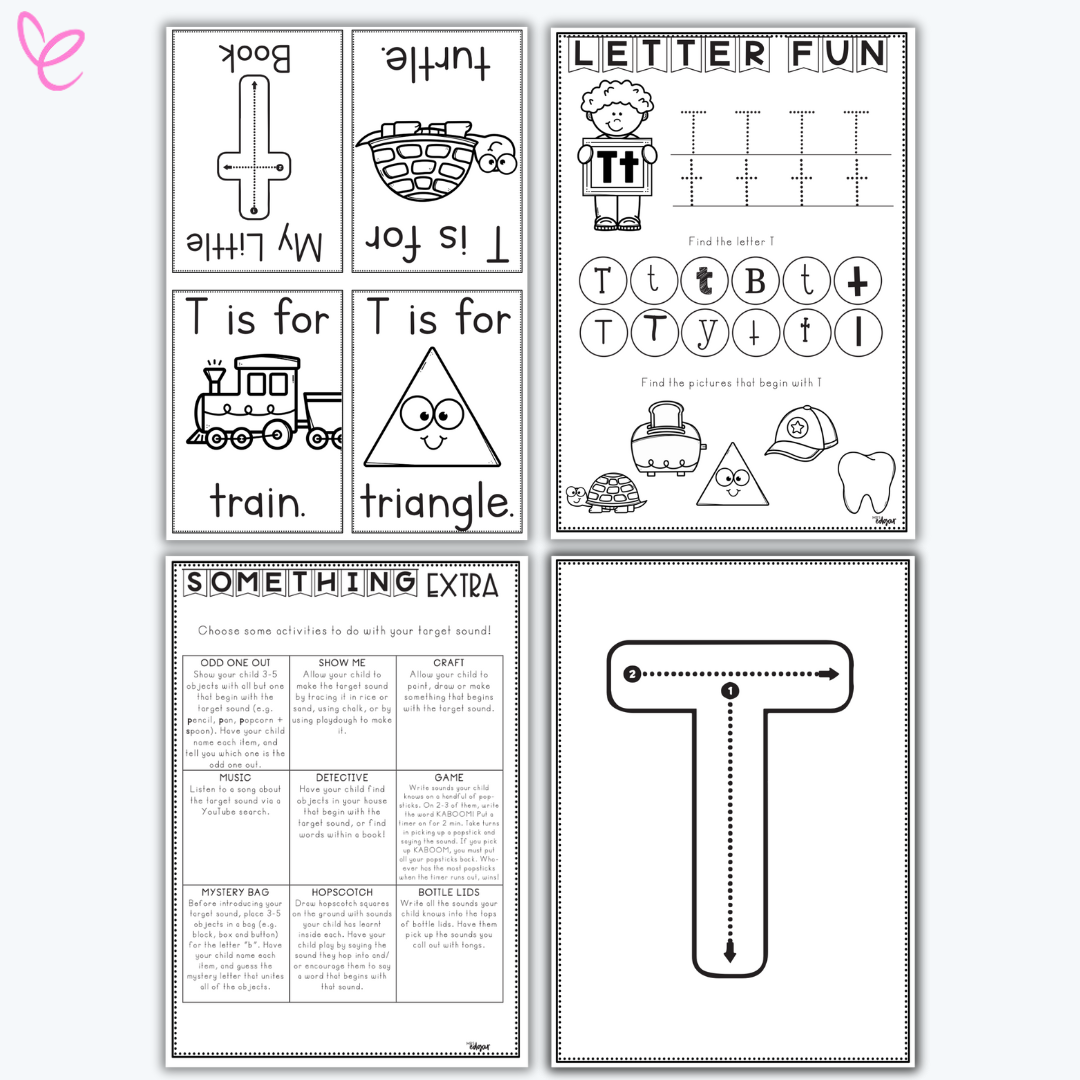 Printable phonics activity pack focused on the letter T, including handwriting practice and themed vocabulary cards.