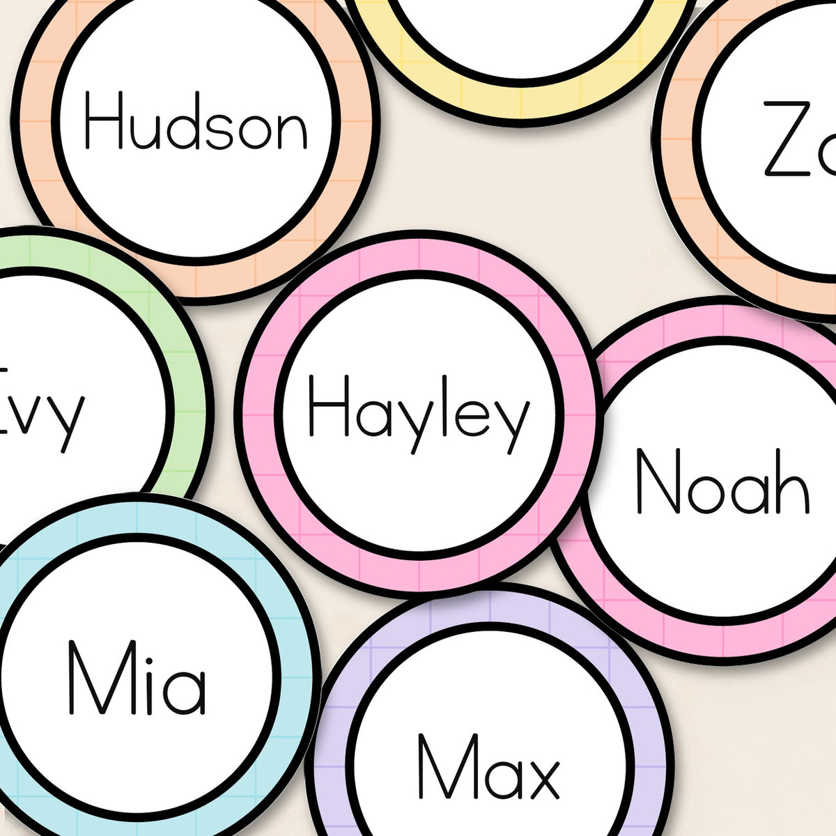 Circle name tags cut out, soft Gentle colours