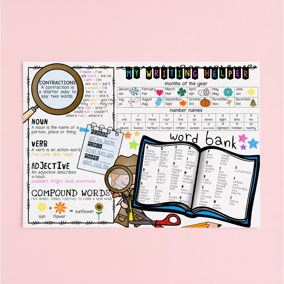 A photo of the Interactive teacher printable 'Writing Helper Grade 2 Desk Helper' for students, featuring a white background displayed with over craft items.'