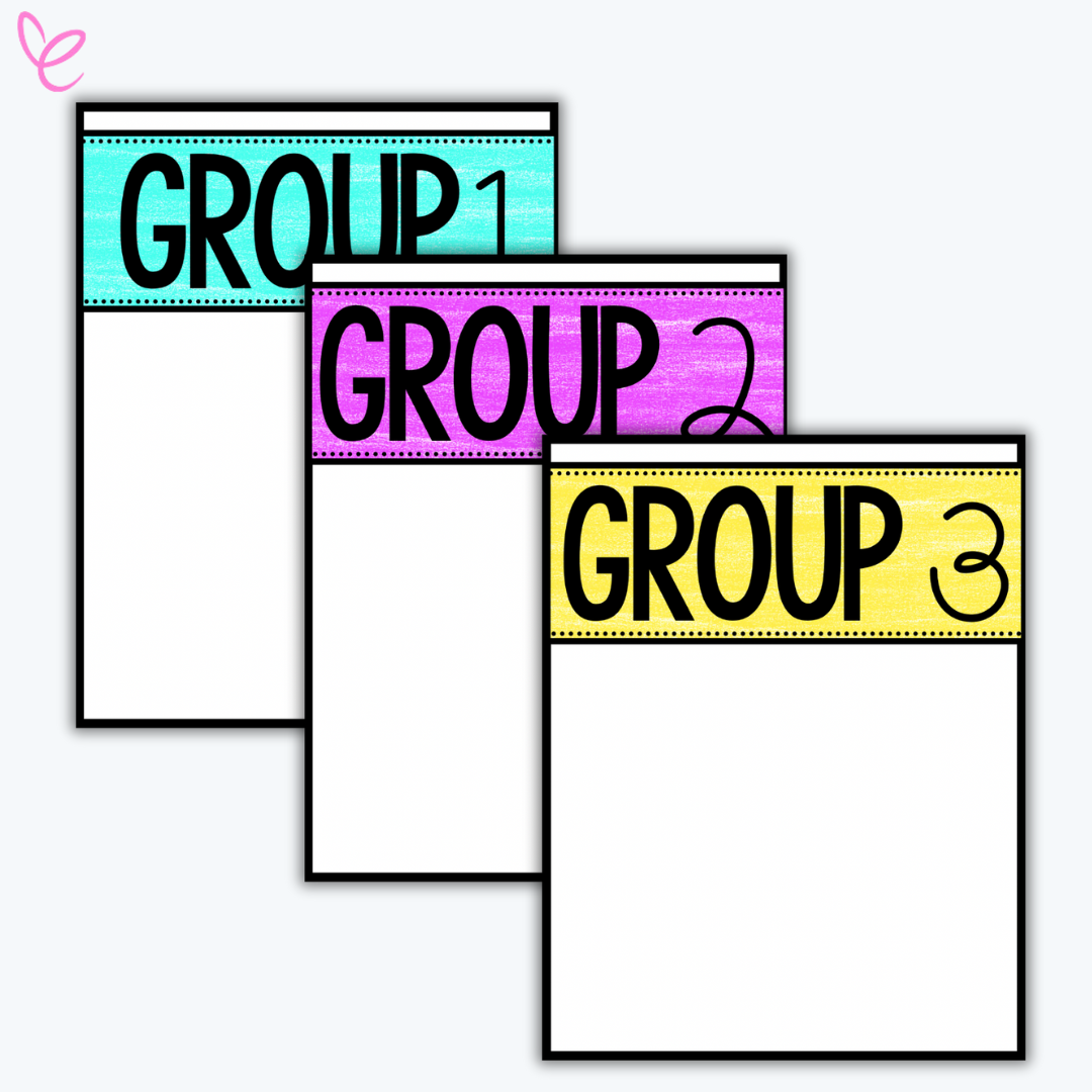Three classroom group posters titled "Group 1", "Group 2", and "Group 3" in teal, purple, and yellow respectively. Blank space provided below each group name for writing or adding student names.