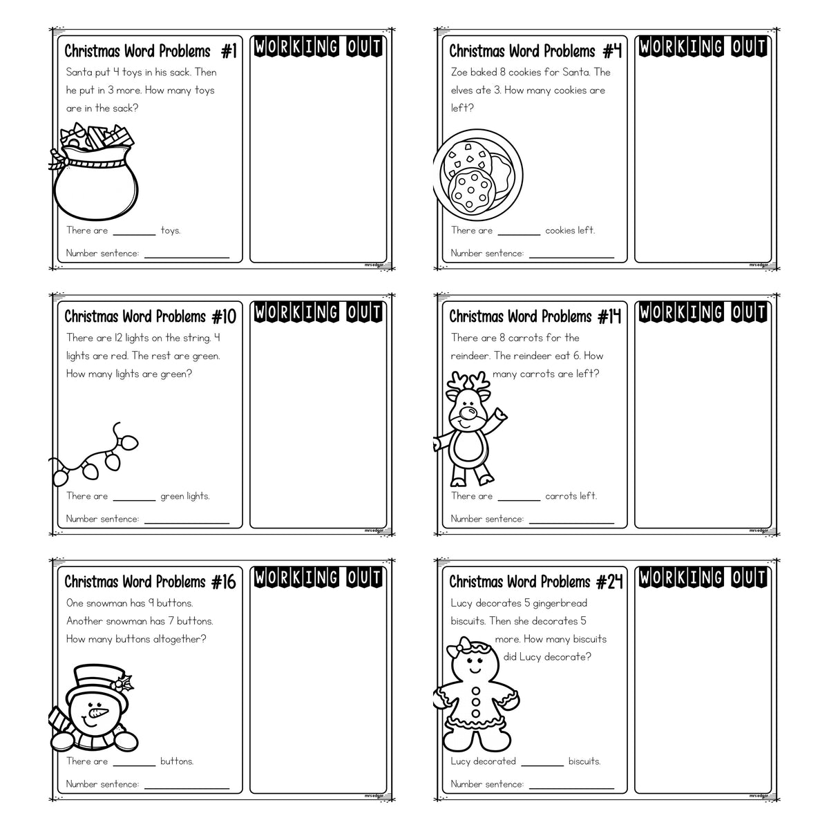 Close up of six Foundation Christmas word problem task cards, each with a short story, a matching picture, a working out panel and a number sentence line.