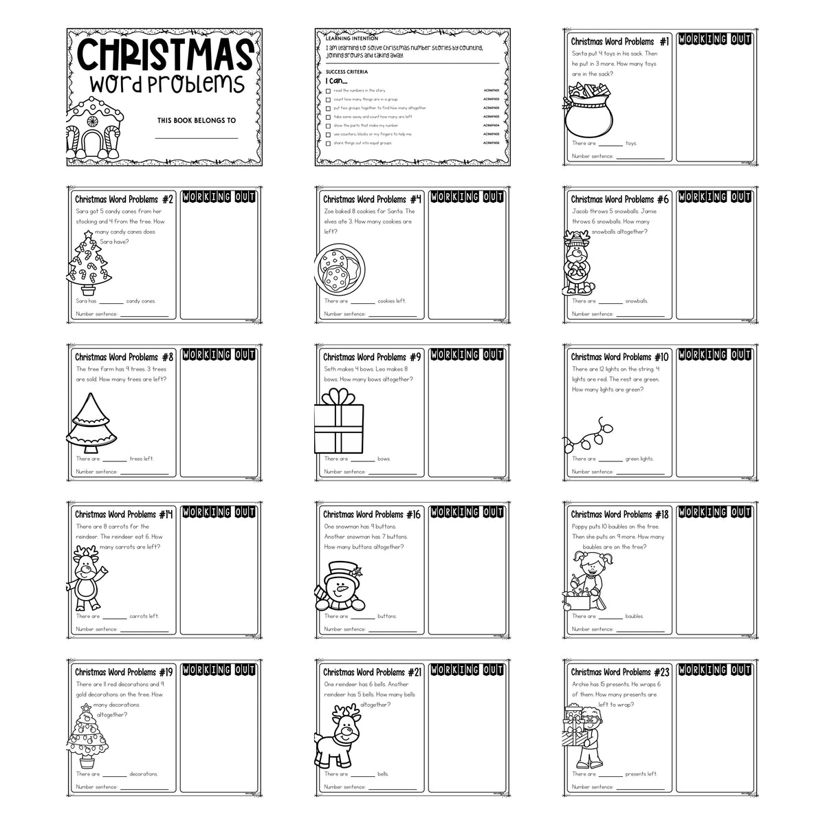 25 Christmas Word Problems Foundation printable pack, showing the cover, the learning intention page and thirteen black and white task cards.
