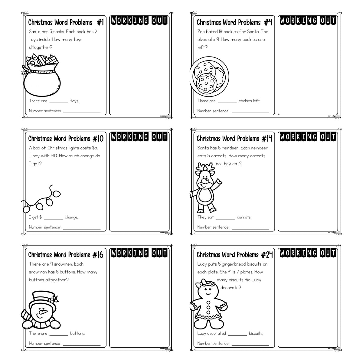 Close up of six Year 1 Christmas word problem task cards, each with a story, a matching picture, a working out panel and a number sentence line.